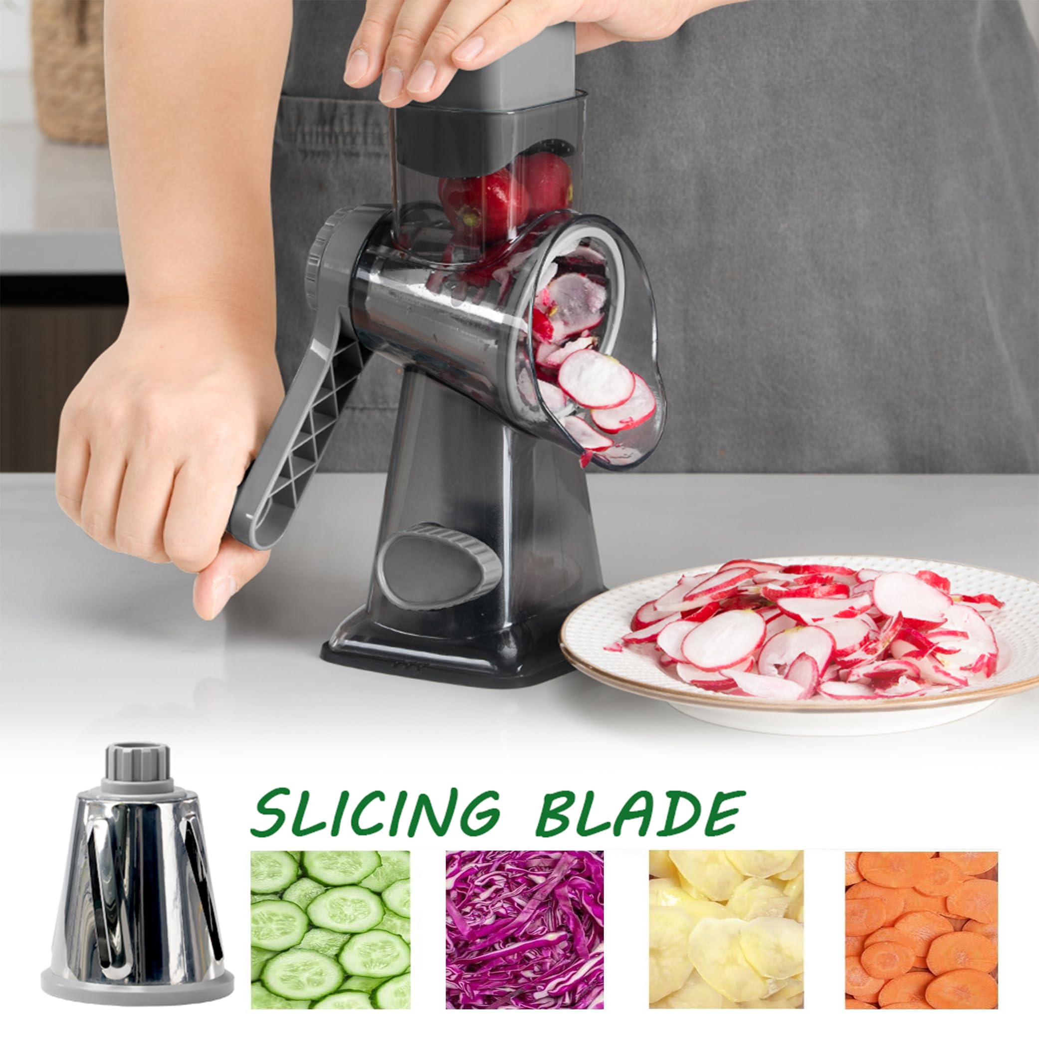 Dachenus Cheese Grater Rotary Cheese Grater,Versatile Cheese Shredder,Blades for Shredding, Grating, Slicing,Cheese Shredder with Suction Base and Cleaning Brush Kitchen Gift (gray)