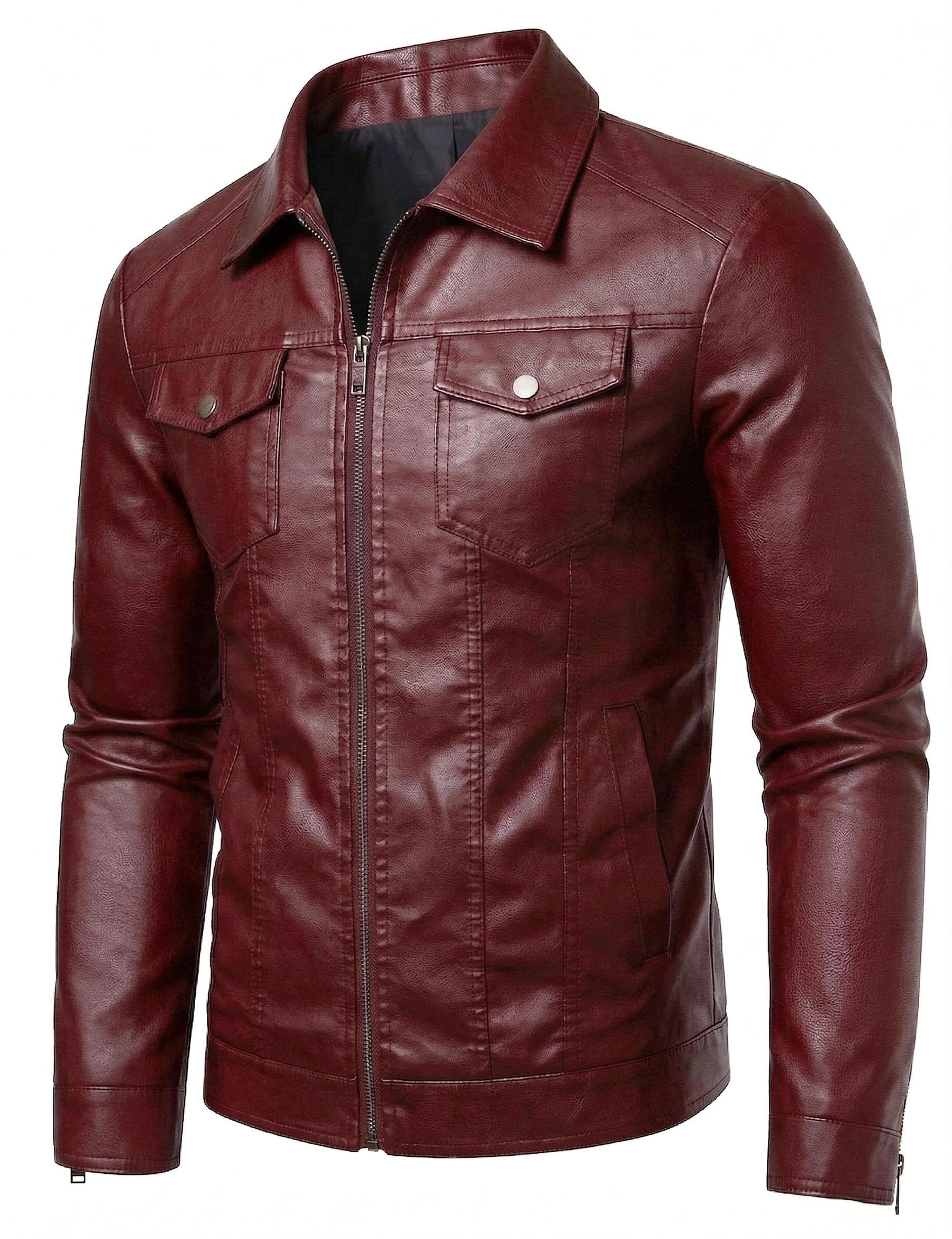 Veste en cuir synthétique pour homme - Coupe-vent - Pour motard - Noir