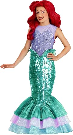 Girls Disney The Little Mermaid Ariel Costume with Wig Kids Halloween Dress with Sequins and Organza Fins