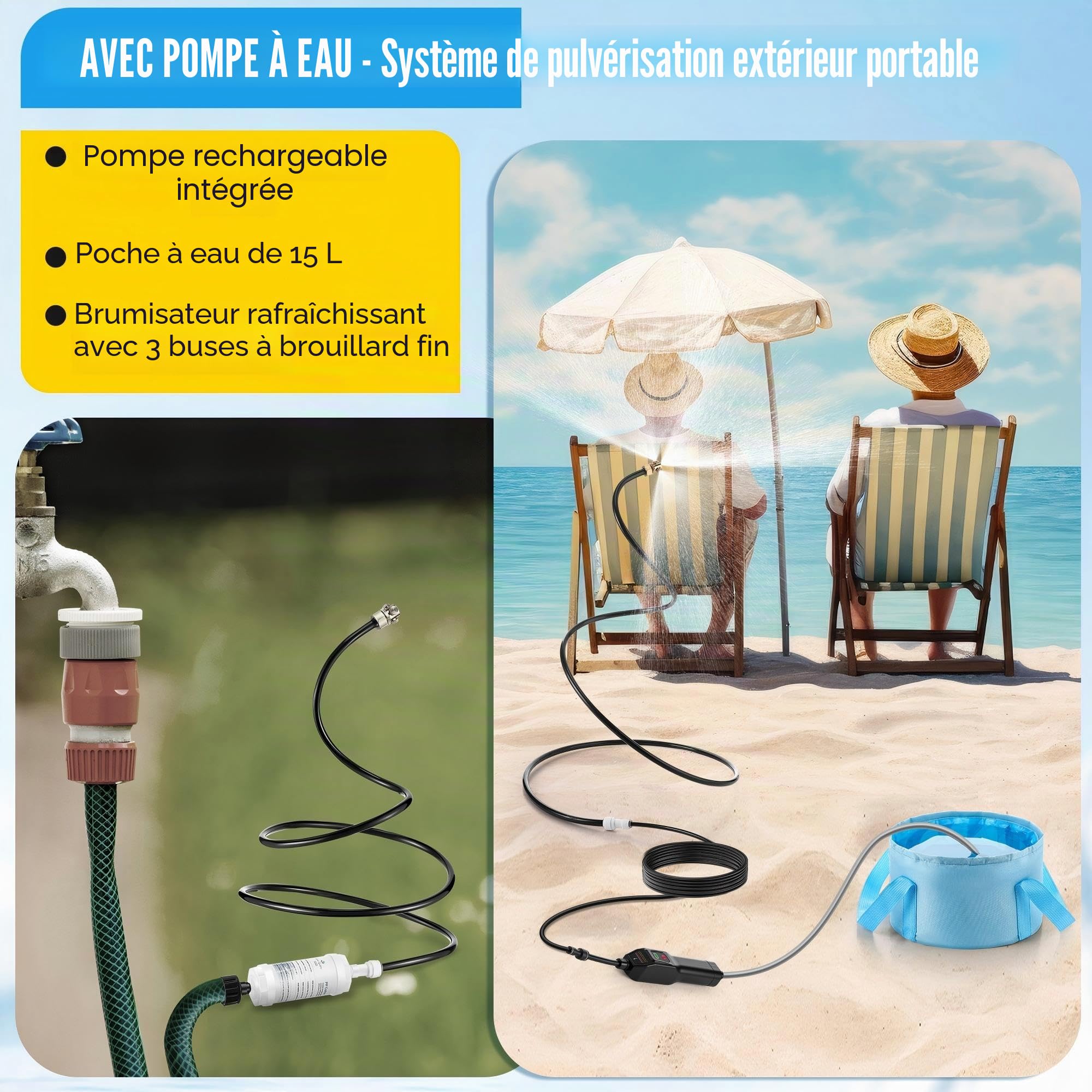 Système de brumisation portable avec pompe à eau, brumisateur d'extérieur avec sac d'eau de 15 L, brumisateur de refroidissement à 3 voies, système de brumisation de tuyau pour refroidissement en
