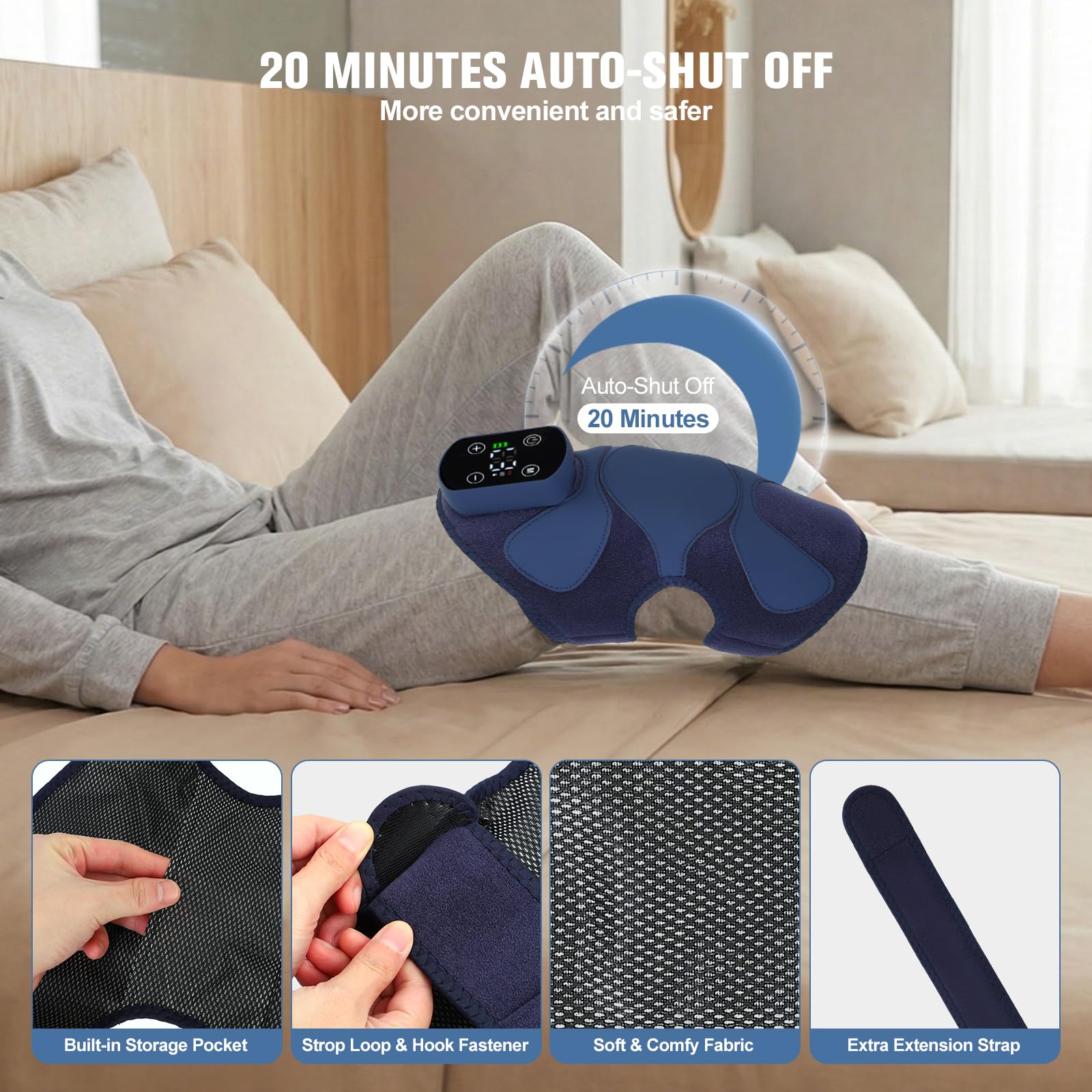 Kabelloses Knie Massagegerät mit Wärme, 4 Vibrationsmotoren & 5 Heizstufen (40-60°C), 5000mAh Akku, 3 Massagemodi, Touchscreen & Fernbedienung, Beheiztes Kniepad für Schulten & Ellbogen