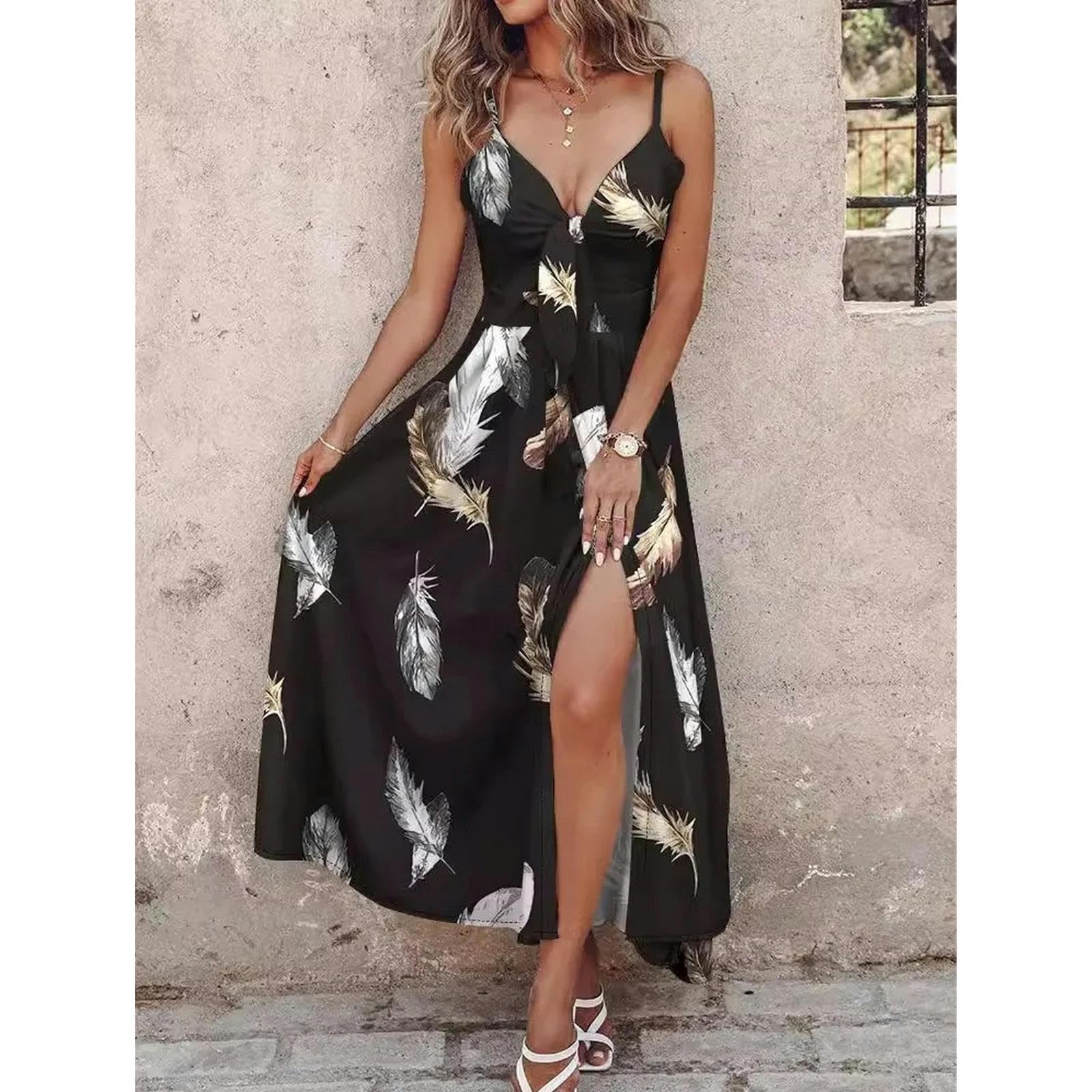 Vestidos Largos de Flores Bohemias de Verano Estilo Playa Femenino Sexy Vestido de Tirantes de Pasta de Cuello V Vestidos de Vacaciones Casuales, HUTALIM, Blanco, s