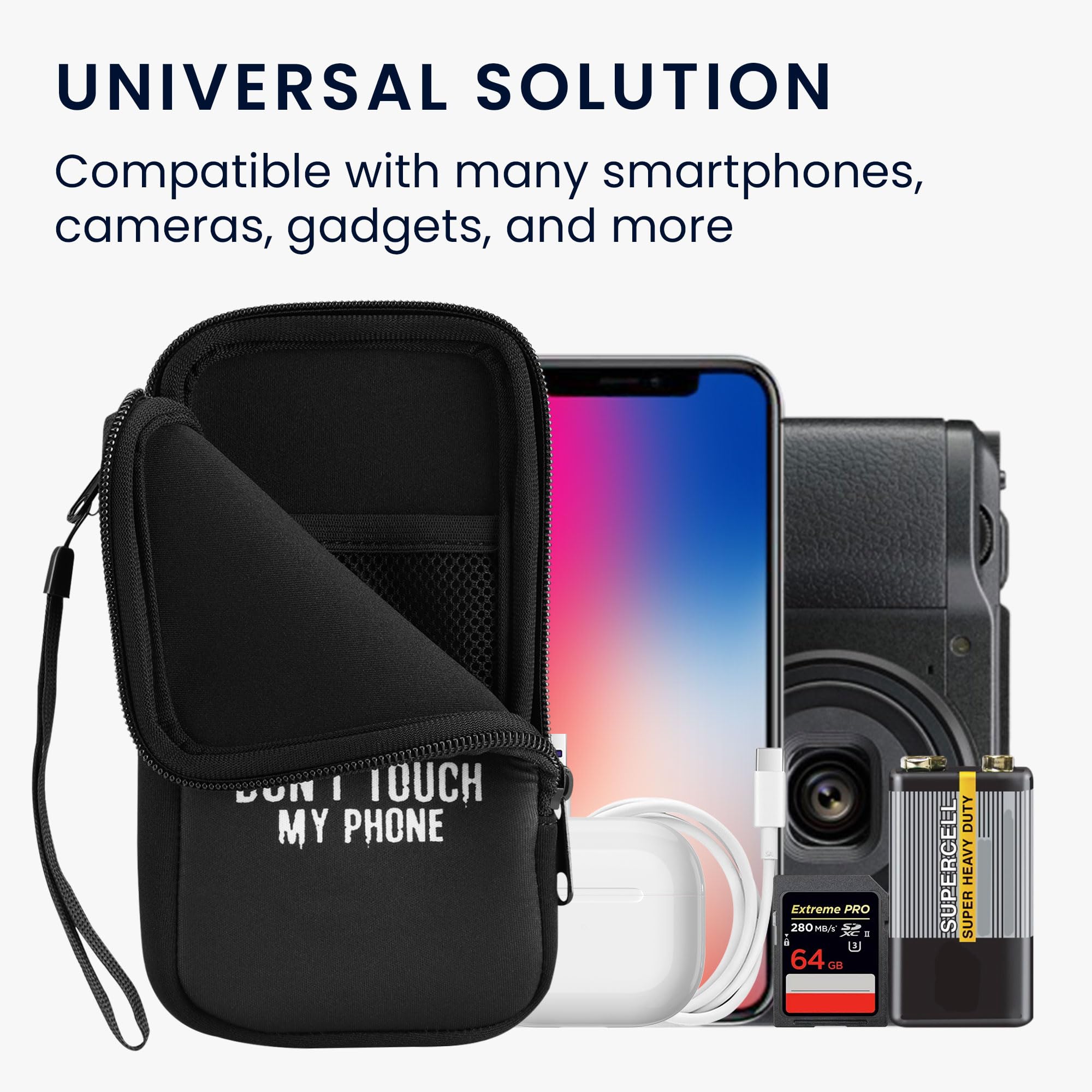 kwmobile Custodia in neoprene con zip per smartphone XXL - 7" - Astuccio portacellulare a sacchetto con cerniera - Borsa verticale - Don't touch my phone bianco/nero