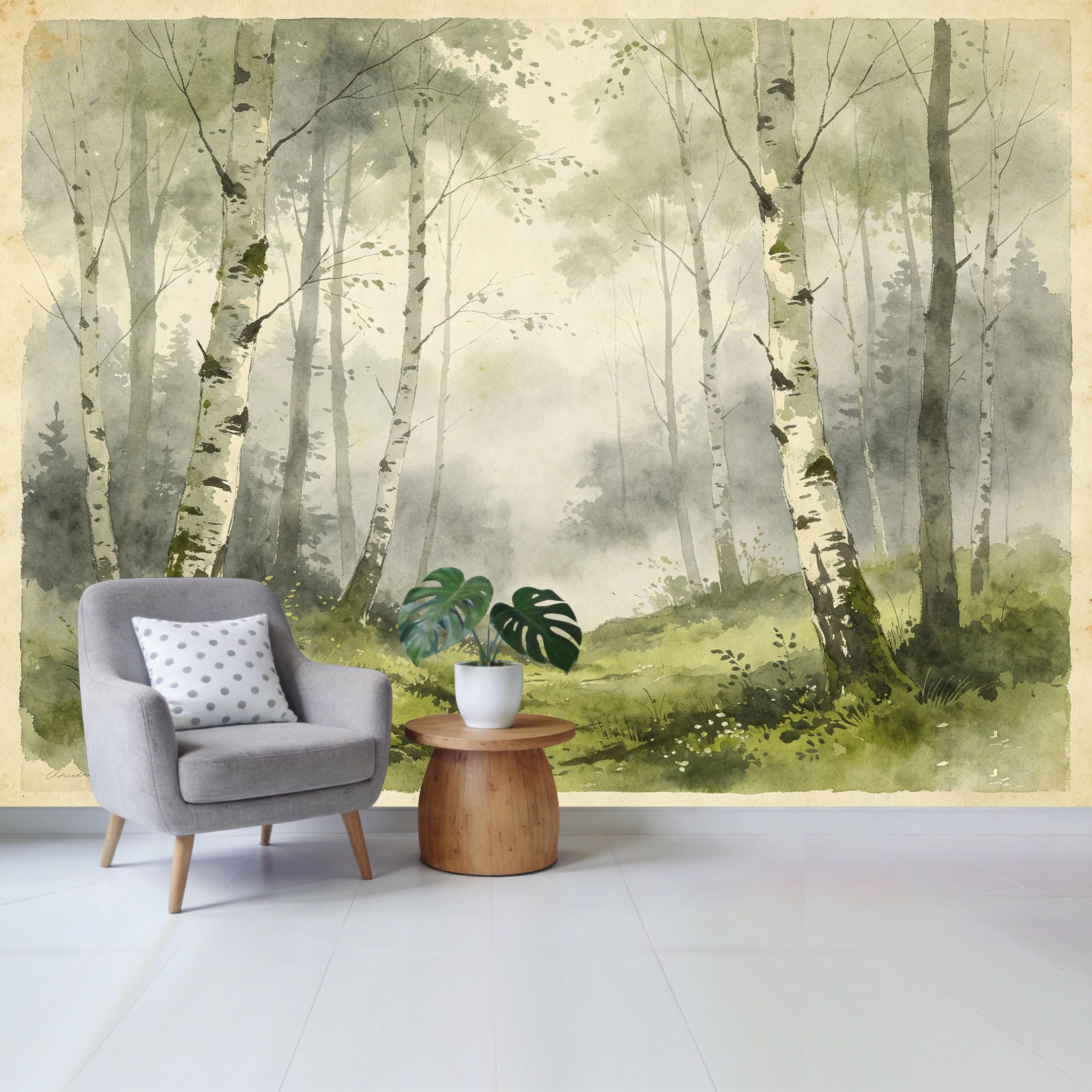 Qzlithotic Yq2605250166 Custom Size Wall Mural Misty Birch Forest Landscape Watercolor Painting Texture Selfadhesive Wall Fabric Removable Wallpaper For Home Office Decor
