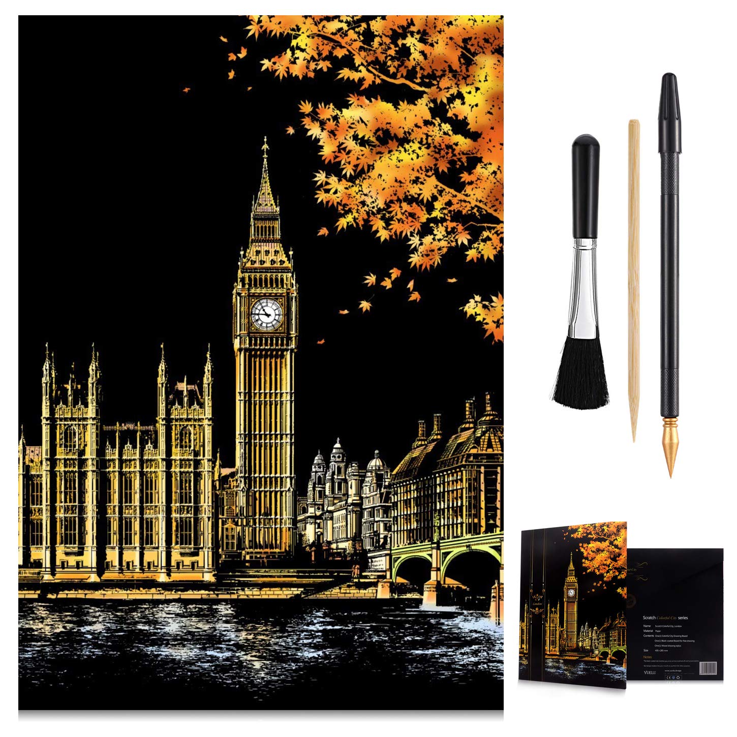 Scratch Art Rainbow Painting Paper, Sketch Pad DIY Night View Scratchboard for Kids & Adults, Engraving Art & Craft Set, Scratch Painting Creative Gift, 16' x 11.2' with 3 Tools (London Big Ben)