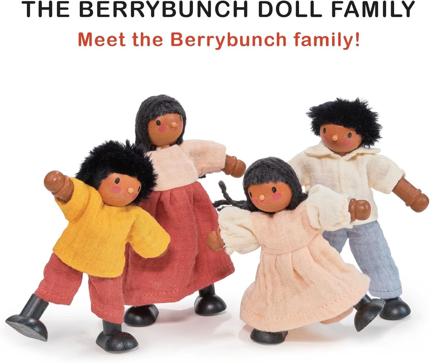 Mentari Toys - The Berrybunch Doll Family - 4pc Poseable Wooden Doll Set with Fabric Clothes - Perfect for Dollhouses and Small World Play - Encourages Imaginative Play and Social Skills - Age 3+