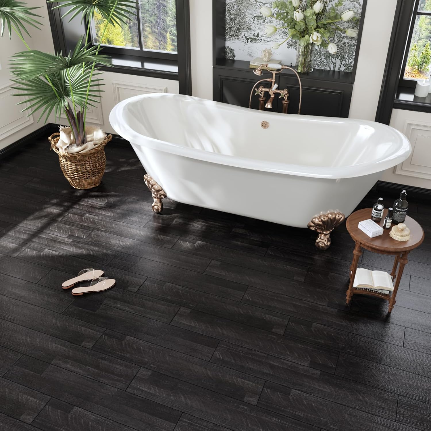 CRE8TIVE 24-Pack Dark Grey Wood Plank Vinyl Peel and Stick Floor Tile - Waterproof 6"x36" Self Adhesive Flooring for Bathroom, Kitchen, Bedroom - Temporary Wood Look