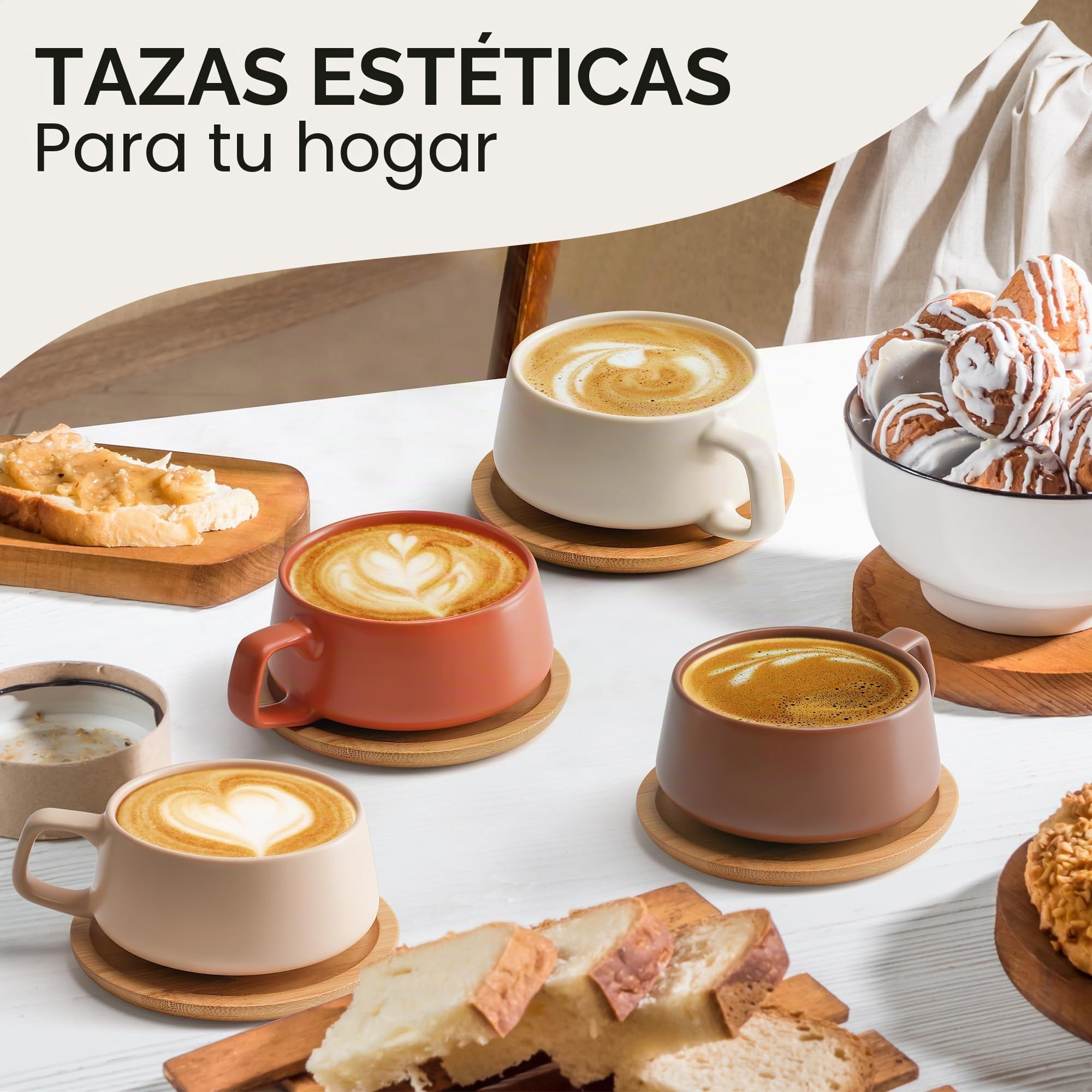 MIAMIO - 4 x 320 ml tazas de café/juego de taza y platillo/elegantes y modernas tazas de café en cerámica gres – Juego de 4 pzas de colección de lujo - Luxe Collection (Beige Pastel)