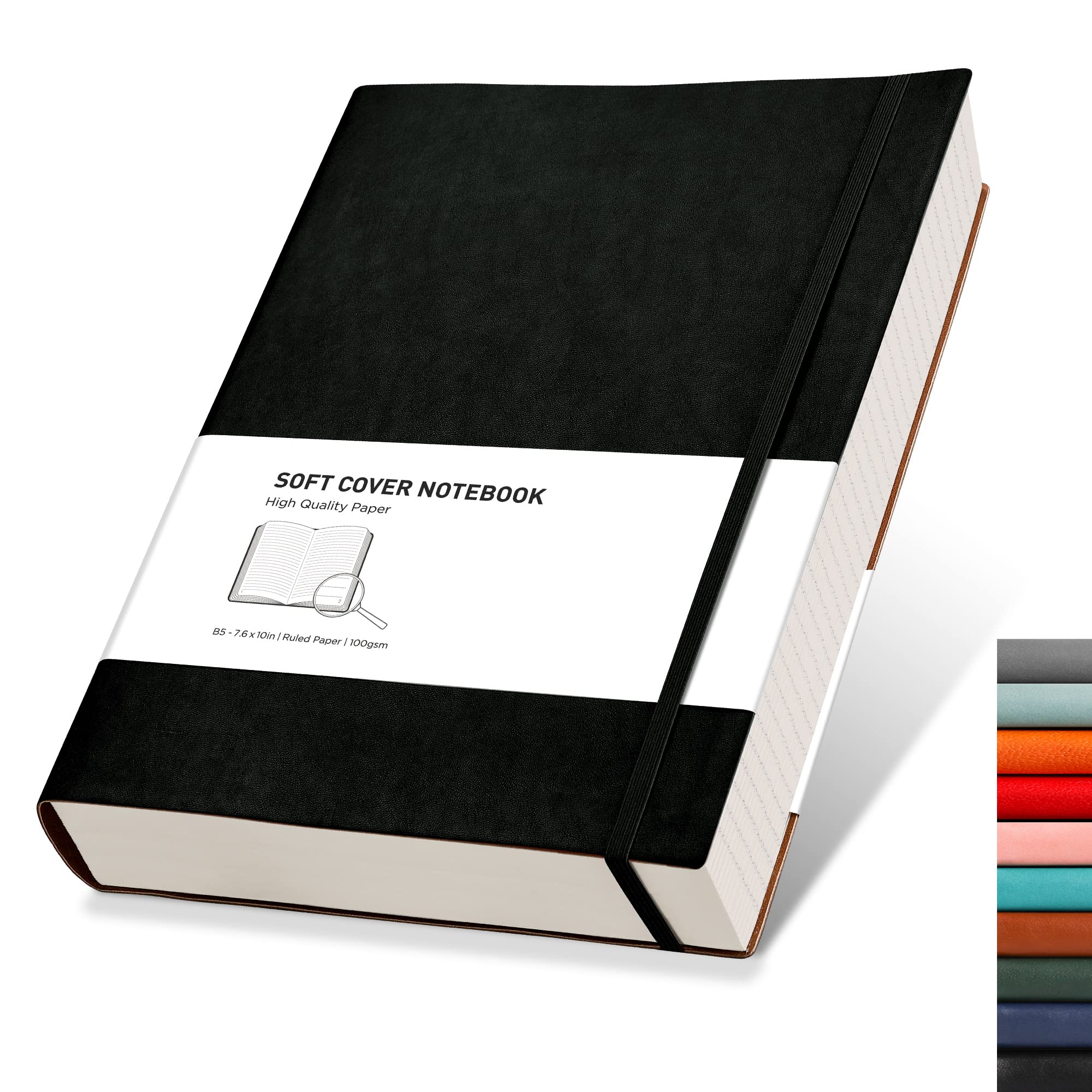 RETTACY College Ruled Notebook - 320 Numbered Pages Large B5 Lined Journal Notebook, 100gsm Thick Lined Paper, Faux Leather Softcover, for Women Men Work School,19 x 25 cm - Black