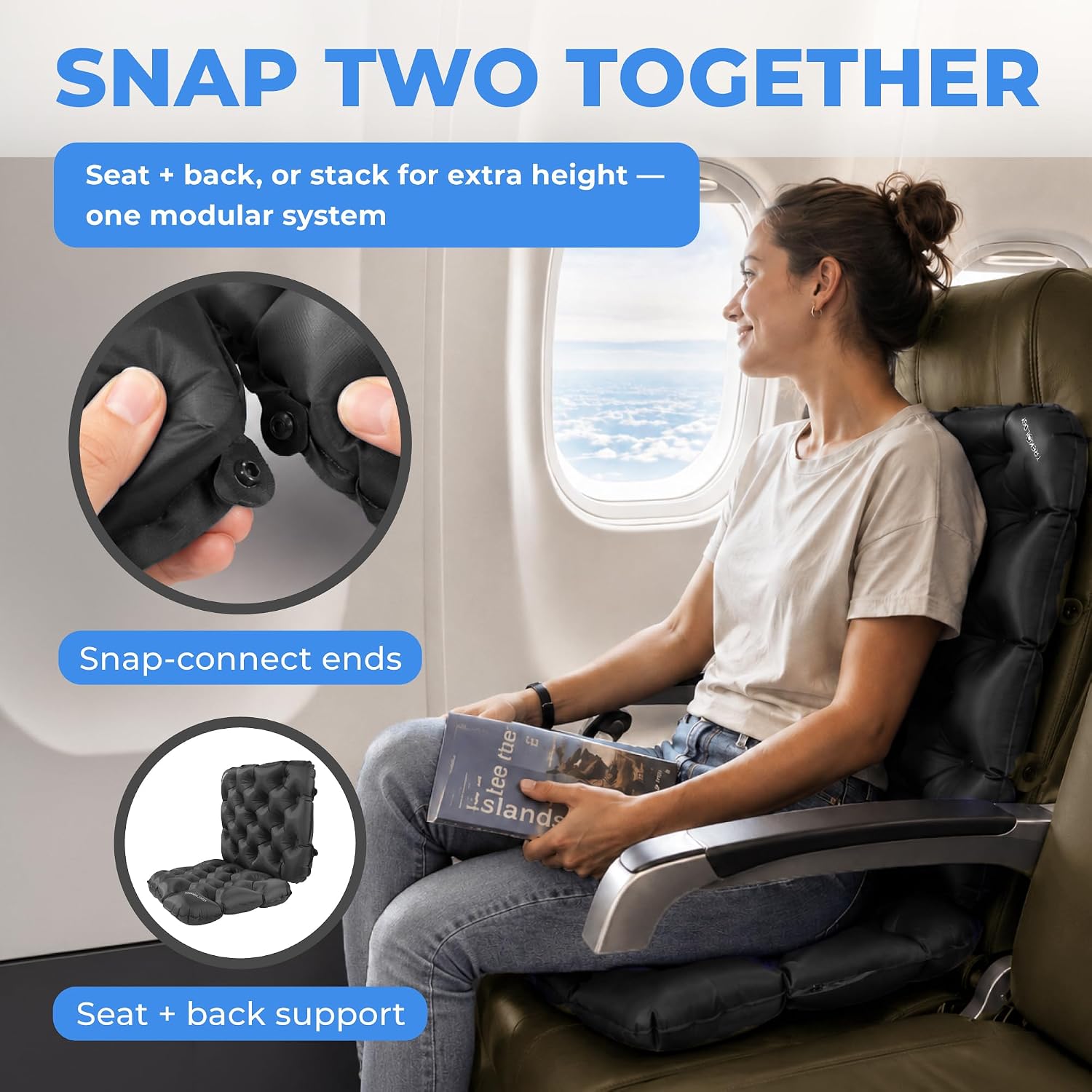 TREKOLOGY Snap Cushion Inflatable Stadium Seat Cushion for Air Travel & Car