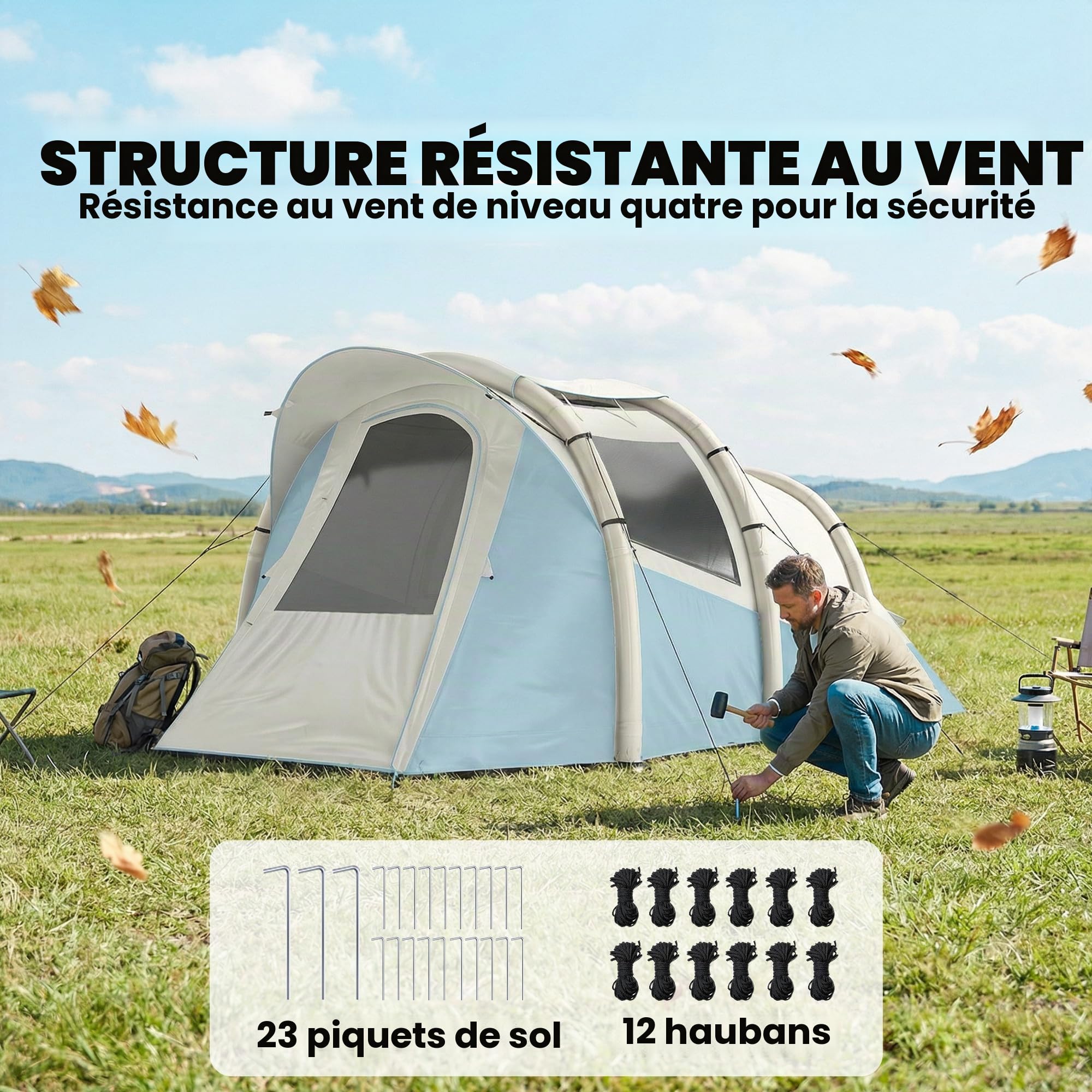 Outsunny Tente de camping gonflable avec pompe à air, installation facile pour 2 à 3 personnes, 3 000 mm, étanche avec 2 pièces, fenêtres, portes et sac de transport