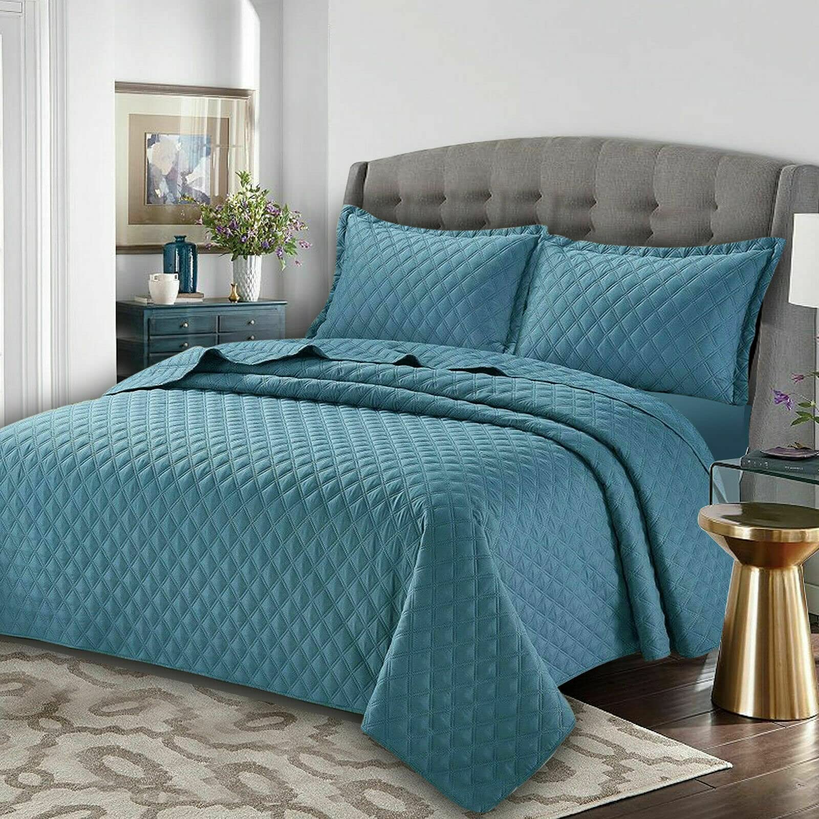 Best Linen Quilted Bedspreads Bed Throw 3 Pcs Embossed Coverlet Bedding Set Includes 1 Comforter & 2 Pillow Cases (Single, Inspiration Blue)
