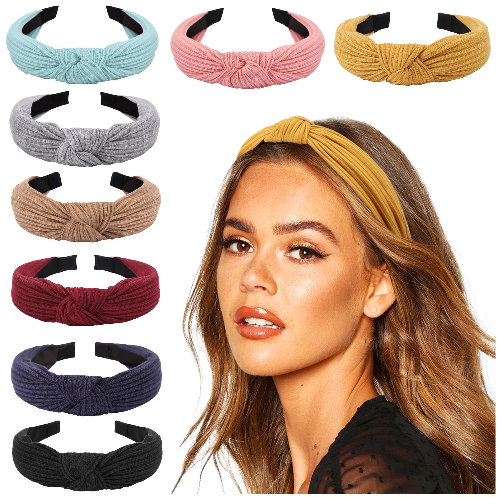 DRESHOW 8 Pack Knotted Headbands for Women Wide Turban Headband Yoga Exercise Ribbing Hair Hoop Hair Bands Accessories