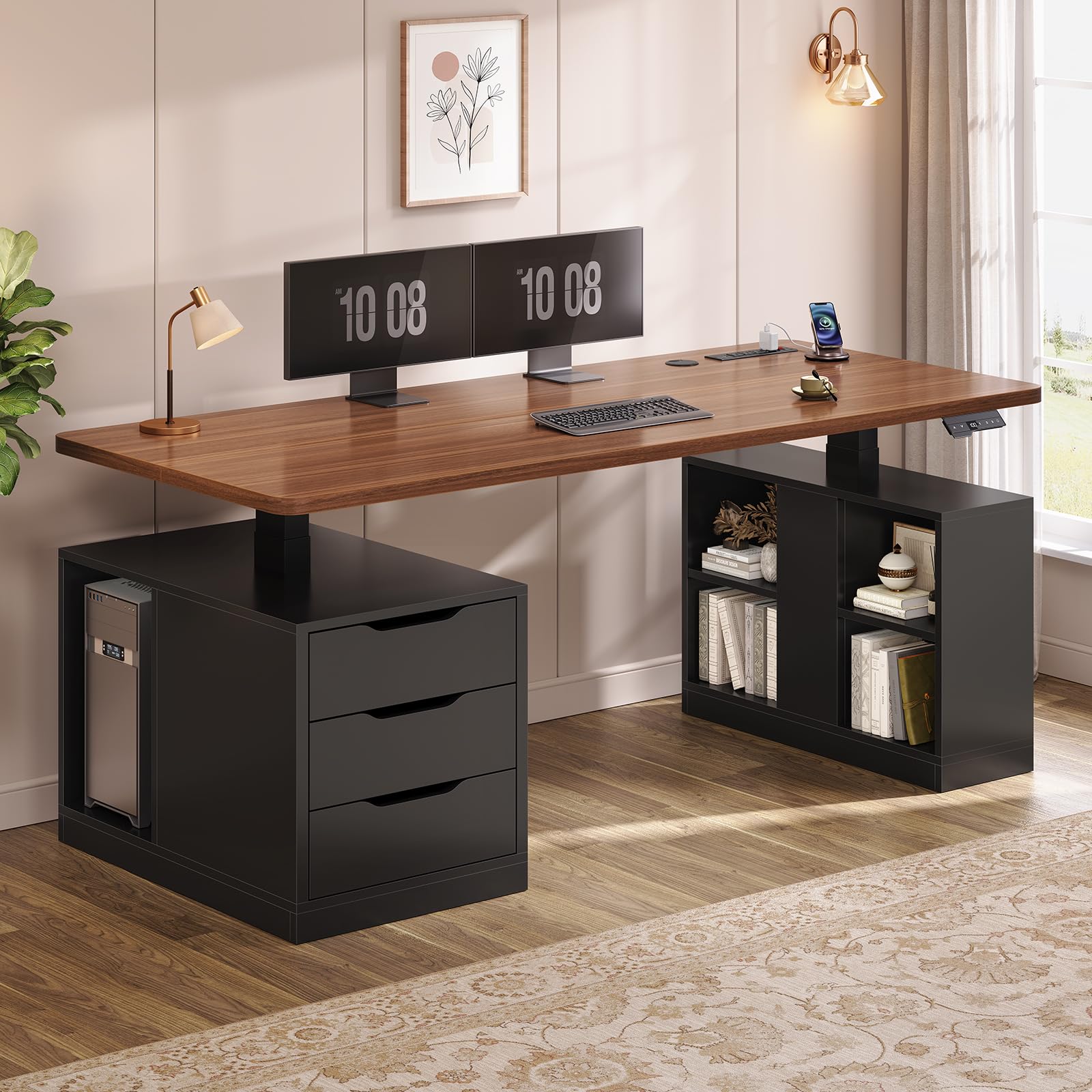 SEDETA 63" Modern Electric Standing Desk with 3 Drawers, Storage Shelves | Height Adjustable Computer Desk with Power Outlets, 28"W Desktop, Wood Home Office Stand up Desk for Work, Study, Black Brown