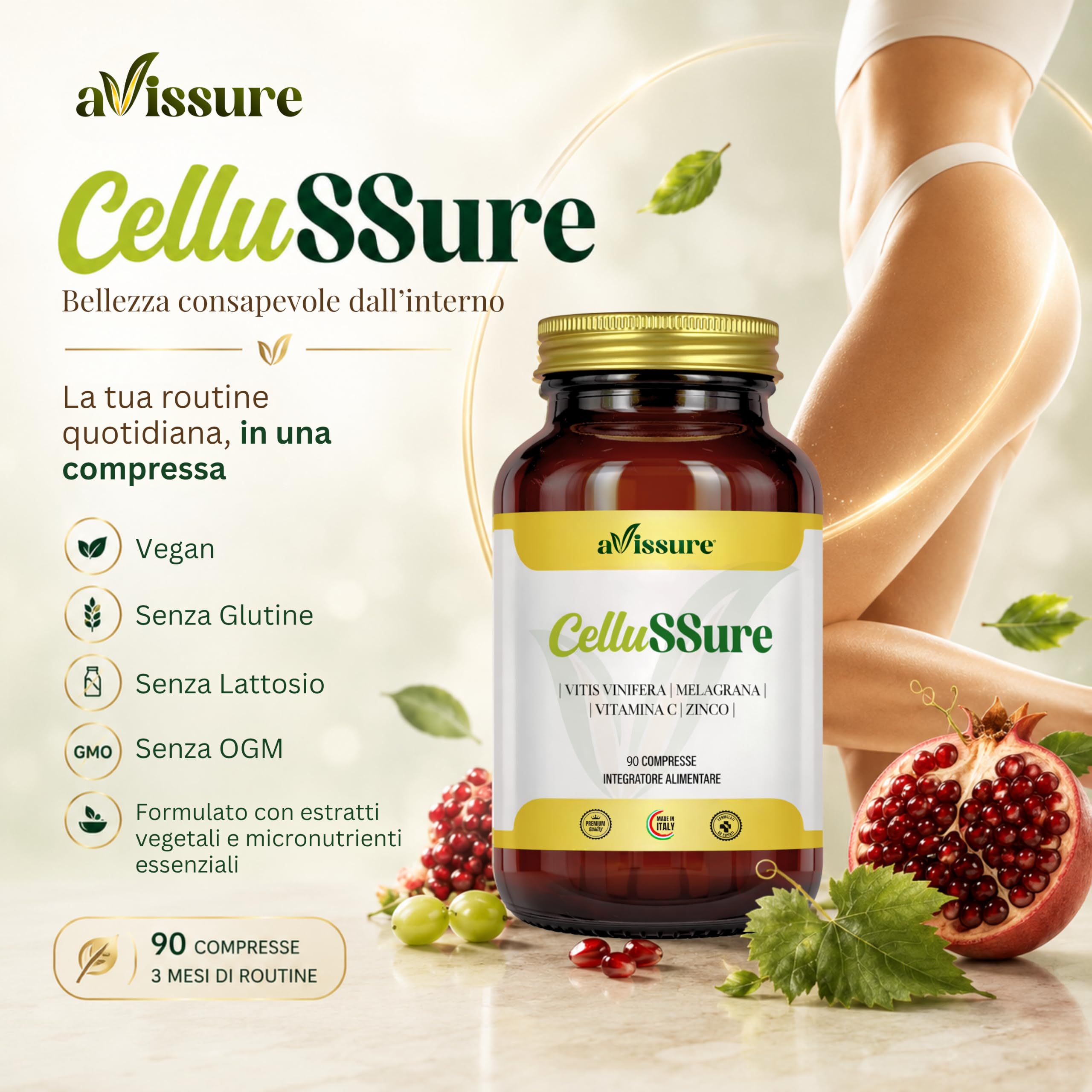 CelluSSure Integratore Alimentare 90 Compresse Vegan con Estratti Vegetali, Vitis Vinifera, Punica Granatum (Melagrana), Vitamina C Acido Ascorbico, Zinco Gluconato, 1 Compressa per 3 Mesi, avissure