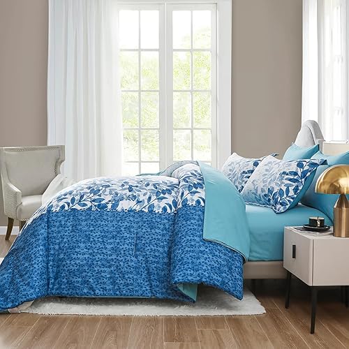Miniatura 4 de Juego de edredón azul Queen con hojas botánicas en una bolsa, juego de edredón de 7 piezas con sábanas, juego de ropa de cama floral de microfibra