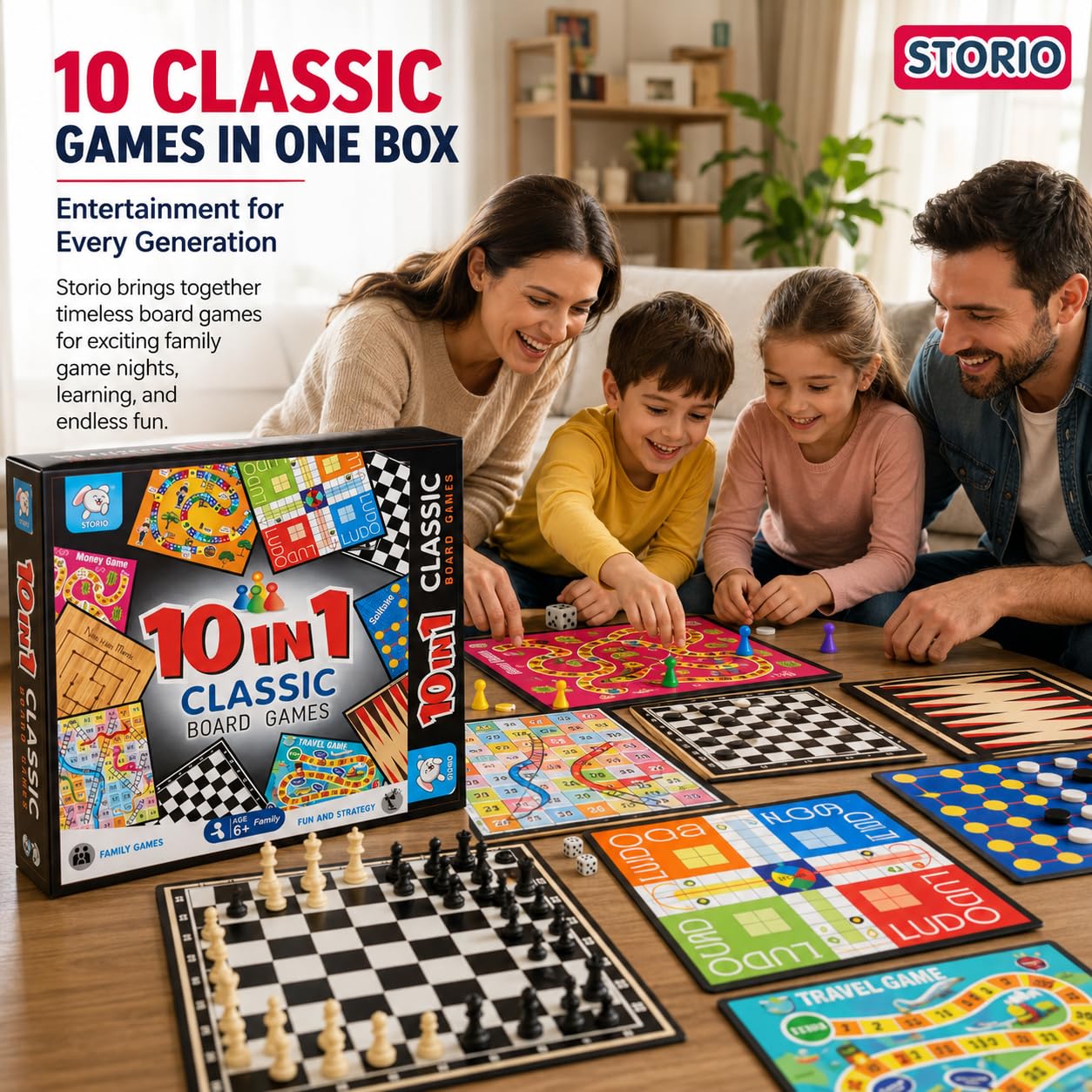 Storio 10-in-1 Classic Board Games for Kids 5+ Years | Chess, Ludo, Snakes & Ladders, Checkers, Backgammon & More | Family Board Game Set with Dice & Pawns | Educational Indoor Game for Boys & Girls — Amazon image 2