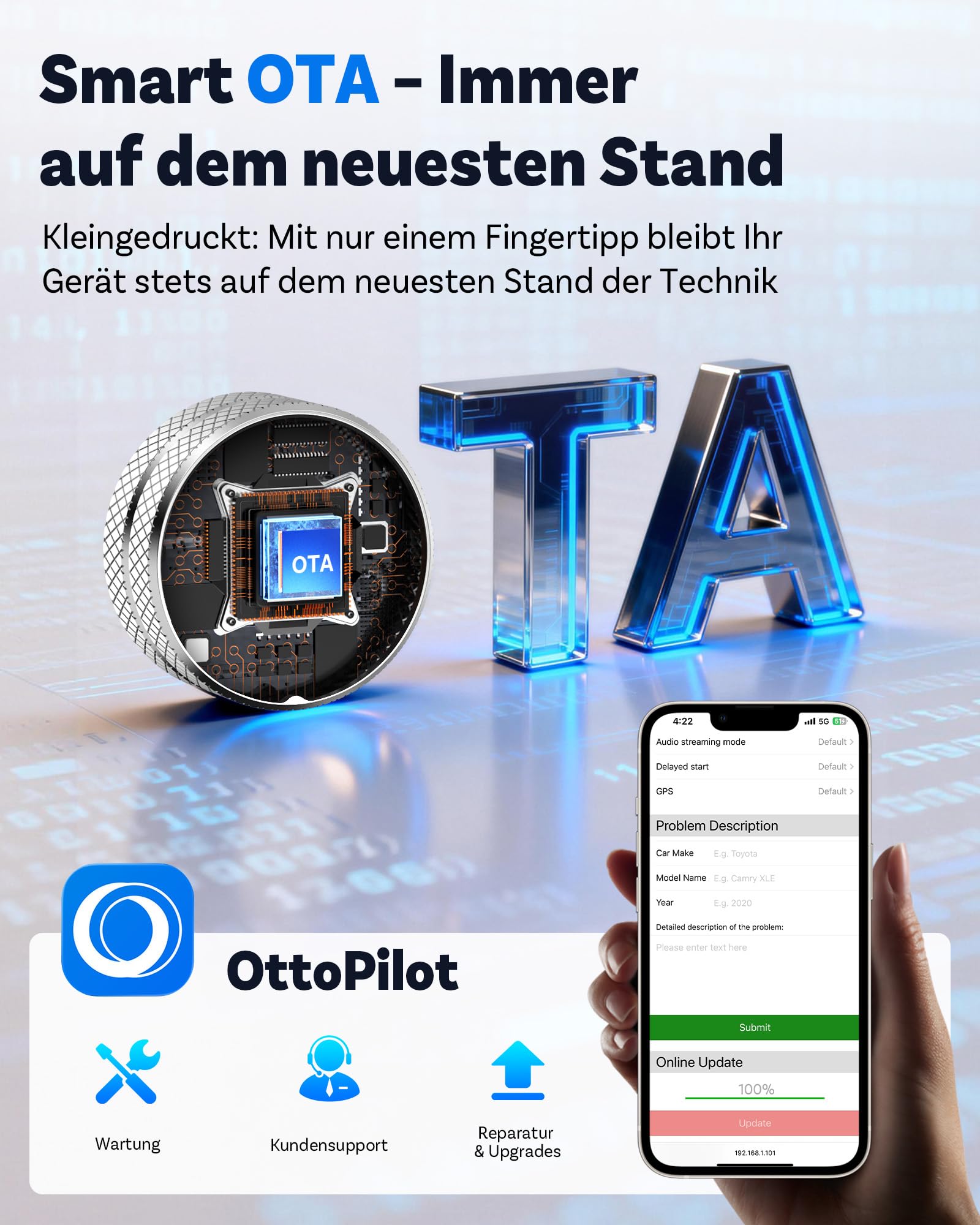 OTTOCAST Mini Tube 2026, Kabelloser CarPlay & Android Auto Adapter für iOS 10+/Android 11+, 5-8s Verbindung, USB-A/Type-C, OTA-Update, Kompatibel mit 99% Fahrzeugen ab 2016 (Nicht für BMW/Tesla)