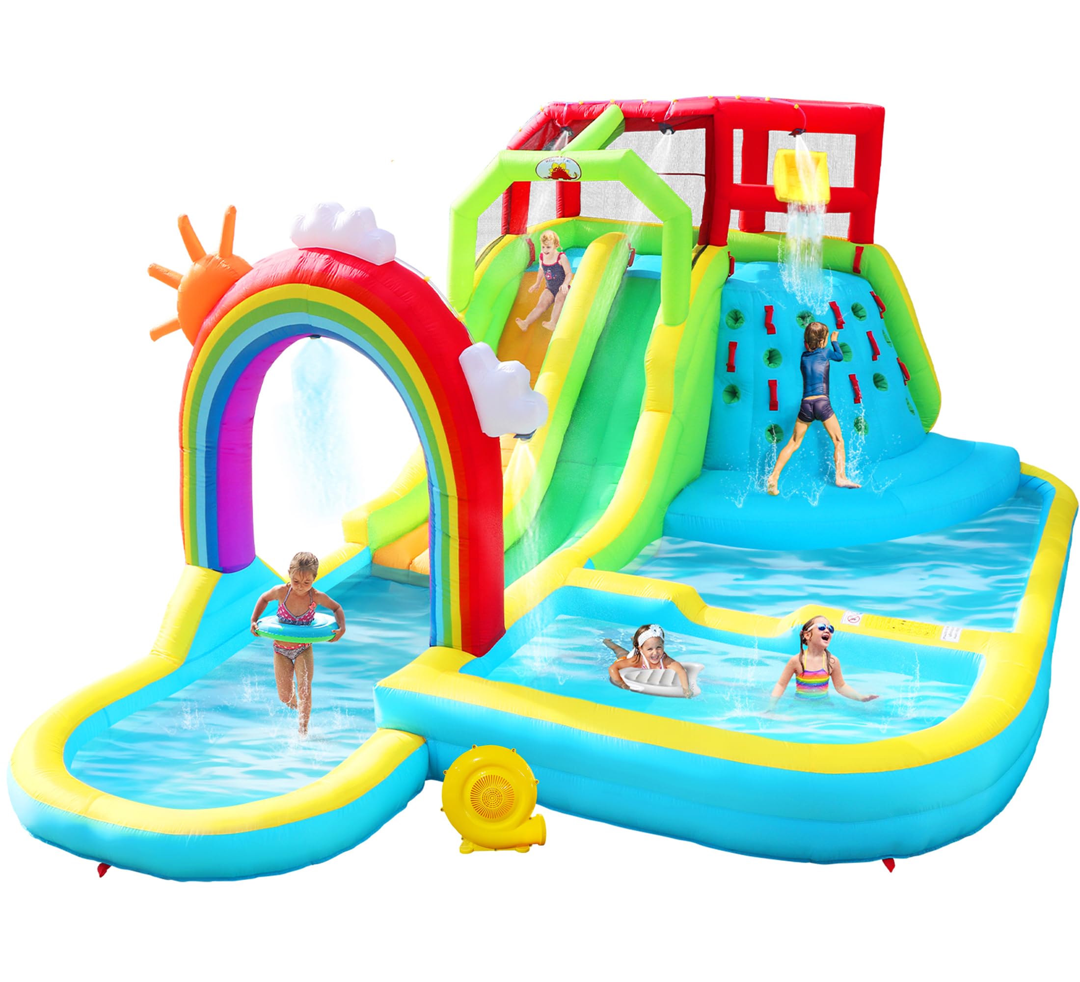 Photo 1 of ***HEAVILY USED*** WELLFUNTIME Inflatable Water Double Slides Park with Blower, Bouncy Castle with Rainbow Water Curtain, with Shooting and Rock Climbing
