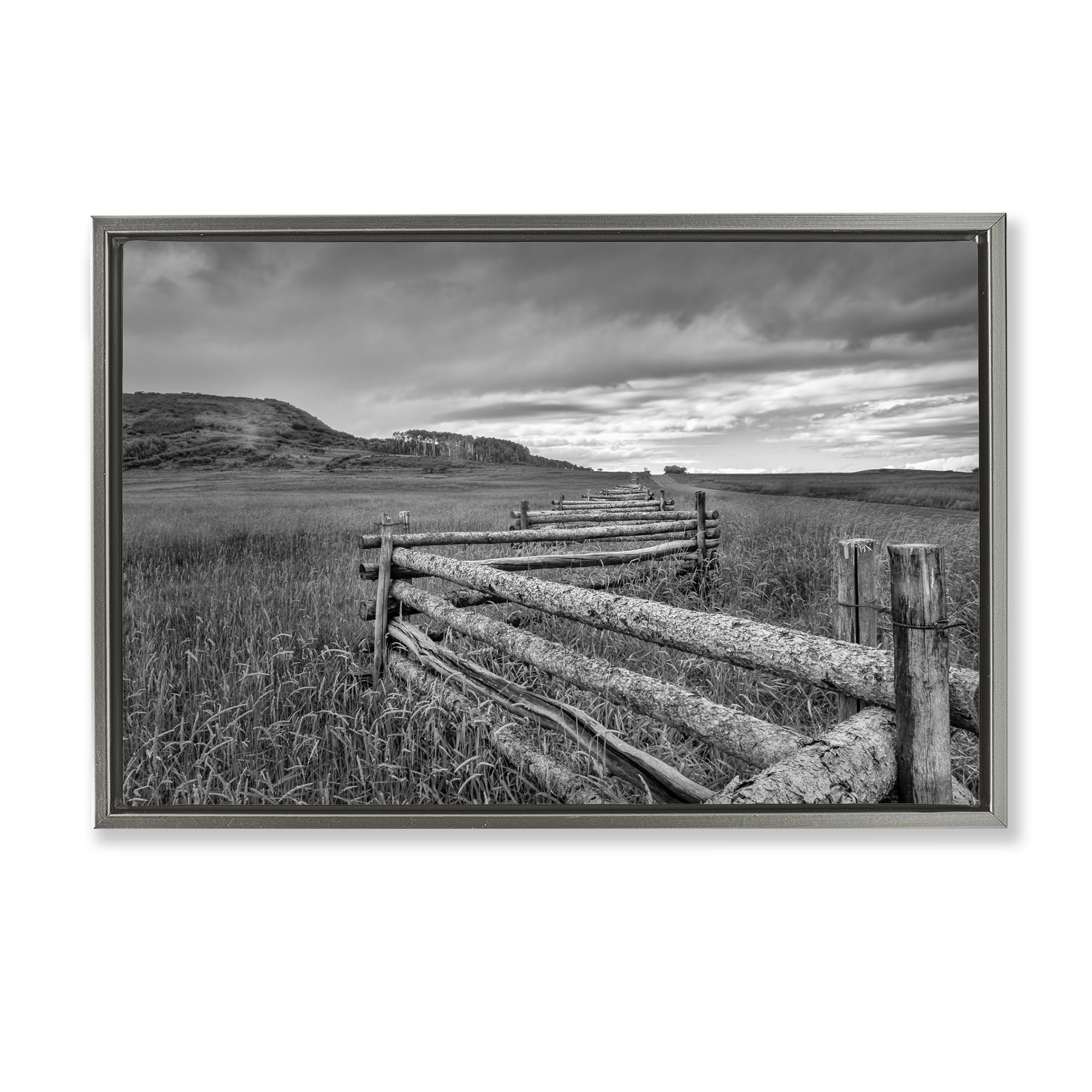 Stupell Industries Weathered Fence and Distant Horizon, Greyscale Rural Landscape for Living Room, 20 x 30 Inch Gallery Wrapped Canvas Wall Art in Floater Frame, by Jon Evan, Made in USA Gift
