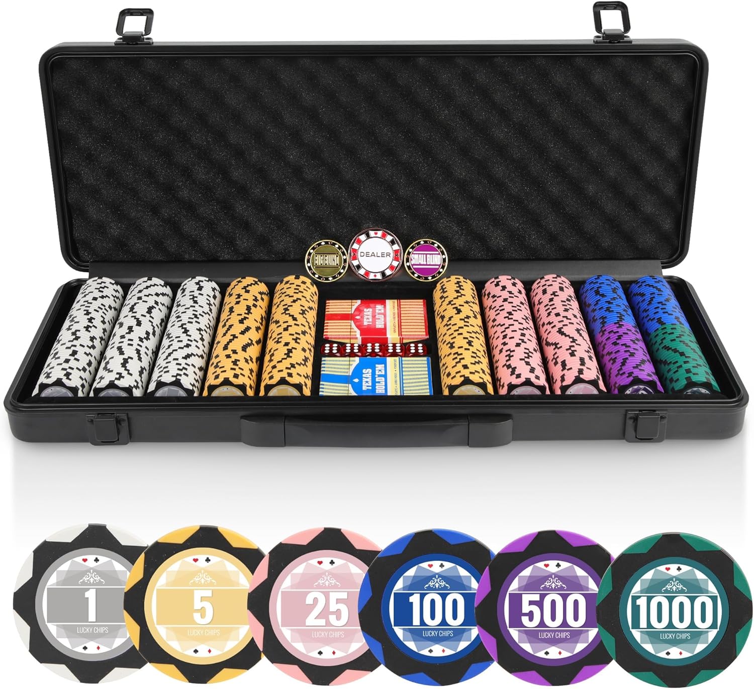 ORIENGEAR Poker Chip Set with Denominations 500 PCS with 14 Gram Numbered Clay Chips, Texas Hold’em Casino Chip Sets with 2 Decks of Plastic Playing Cards, for Blackjack Gambling Games, Black Case
