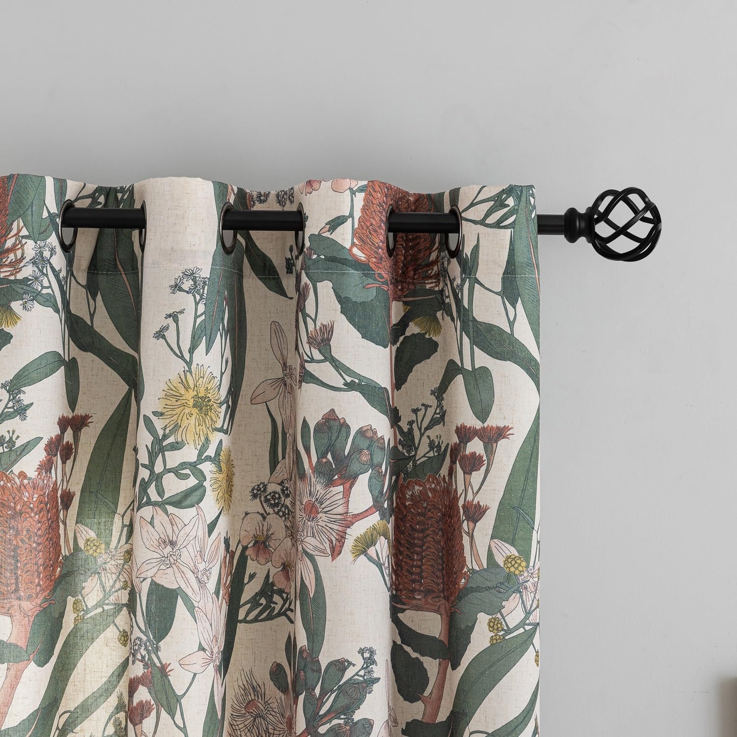 Linen Botanical Curtains 63 Inch Length Pair Whimsical Protea Flower Garden Curtains Retro Farmhouse Light Filtering Window Curtain Panels for Dining Room Country Cottage Home Decor 50" W x 63" L