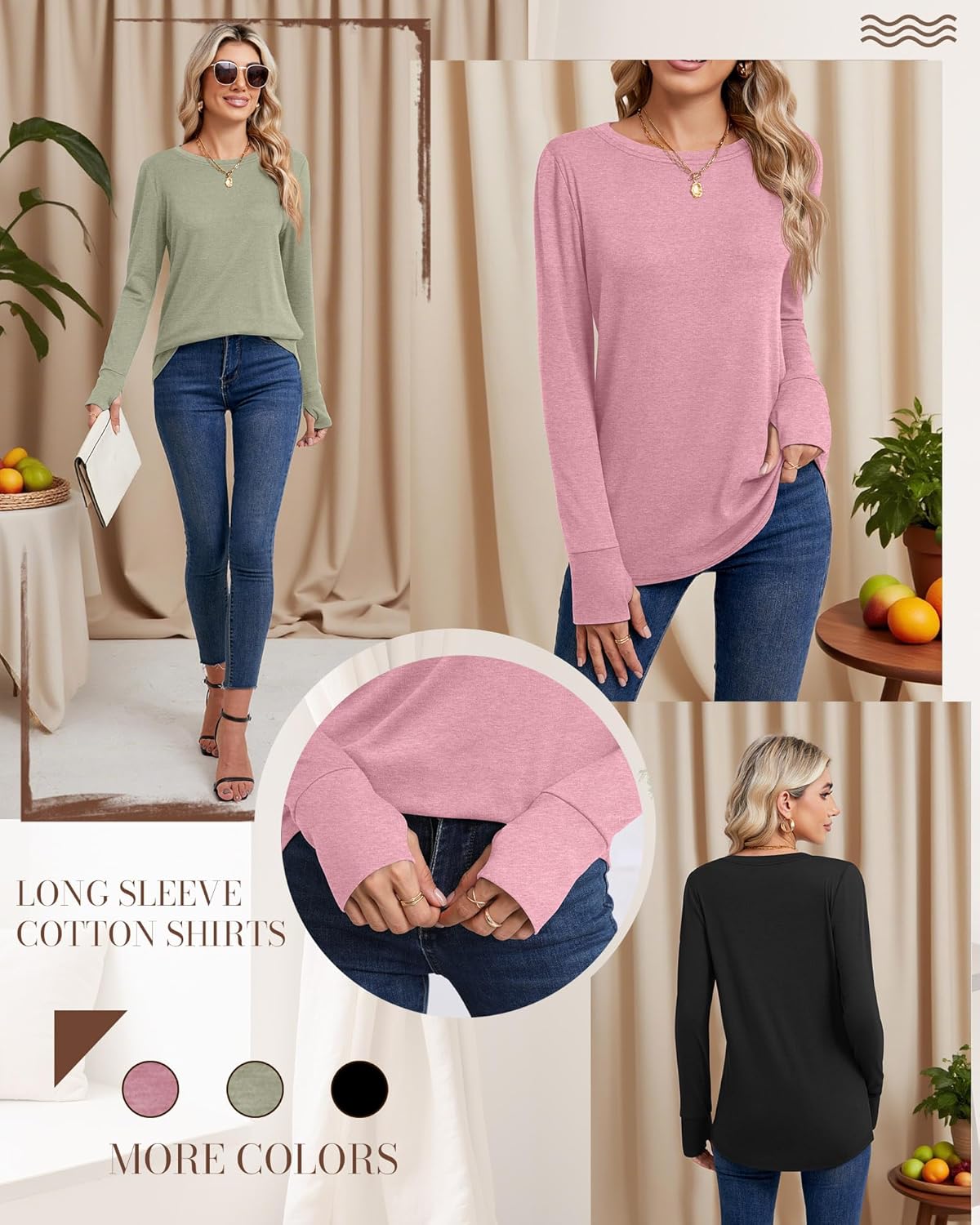 Huukeay 3 Pack Women's Long Sleeve Shirts with Thumb Holes, Cotton Casual Crew Neck Tunic Tops Fall Loose Y2k Trendy Outfits - Image 6
