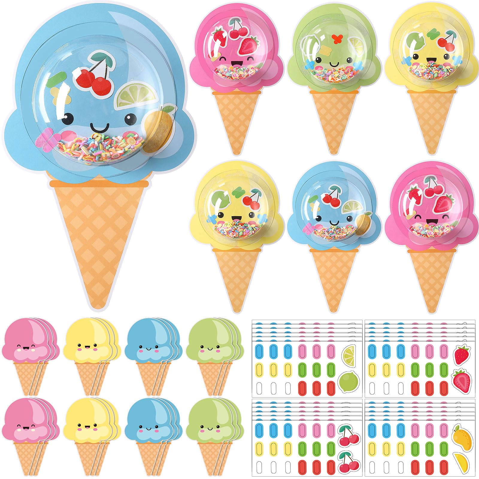 Gueevin 24 Sets Ice Cream Craft Kits DIY Waffle Cone Globe Snow Summer Card | Plastic Domes Sequins, Stickers, for Candyland Party Favors Family Craft Activities Supplies Decor