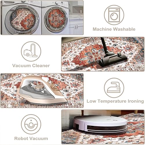 Miniatura 7 de Aopota Hallway Runner Rug with Rubber Backing Low Pile Large Rug Runner Vintage Rug Retro Distressed Carpet Thin Foldable Non Slip Bathroom Kitchen