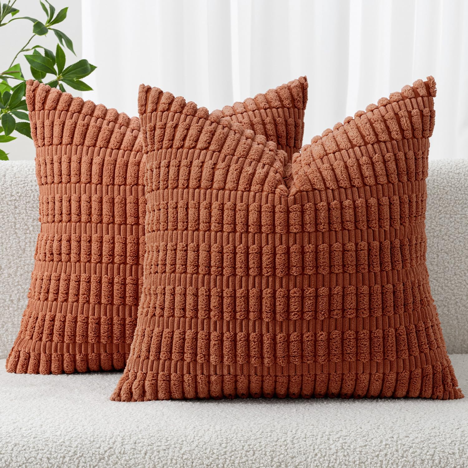 MIULEE Pack of 2 Dark Rust Corduroy Decorative Euro Sham Pillow Covers 22x22 Inch Soft Boho Striped Throw Pillow Covers Modern Farmhouse Home Decor for Summer Sofa Living Room Couch Bed