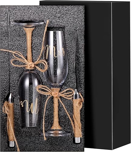 Miniatura 2 de Boao Juego de 4 flautas de tostadas de boda y servidor de tartas, copas de champán y cuchillos para tartas, con lazo de arpillera, flauta de señor y