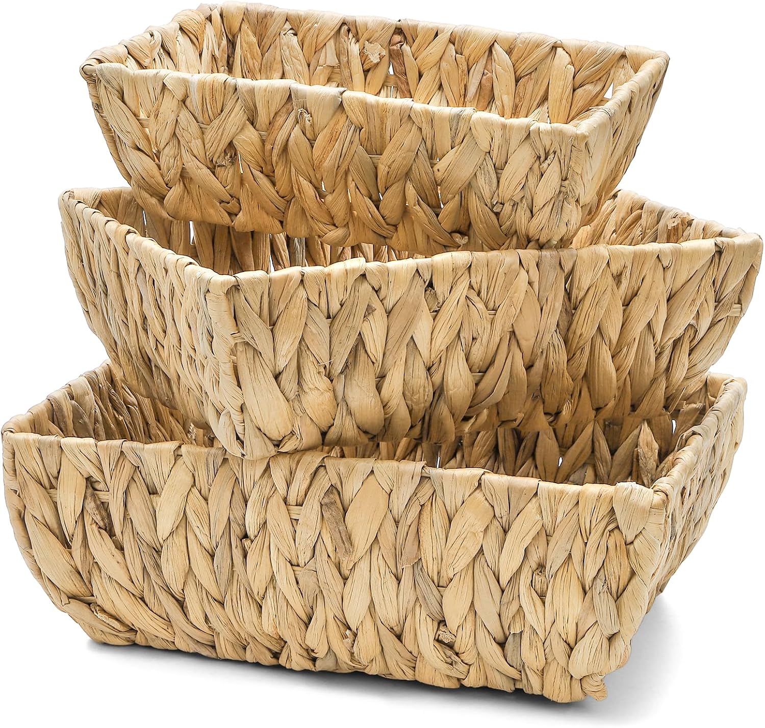 Noamus 3 Pack Wicker Baskets for Organizing, Natural Hand Woven Storage Bins, Water Hyacinth Towels&Toilet Paper Organizer Set for Nursery Shelves, Bedroom Decor, Pantry School Office Desk(3 Sizes)