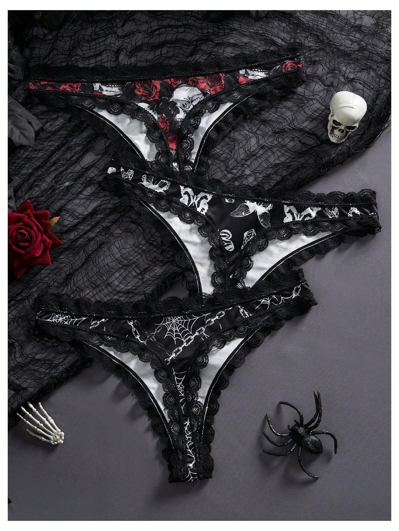 SOLY HUX Women's Gothic Lace Trim Thongs 3 Packs Funny Printed Panties Sexy Underwear: Small Black Printed