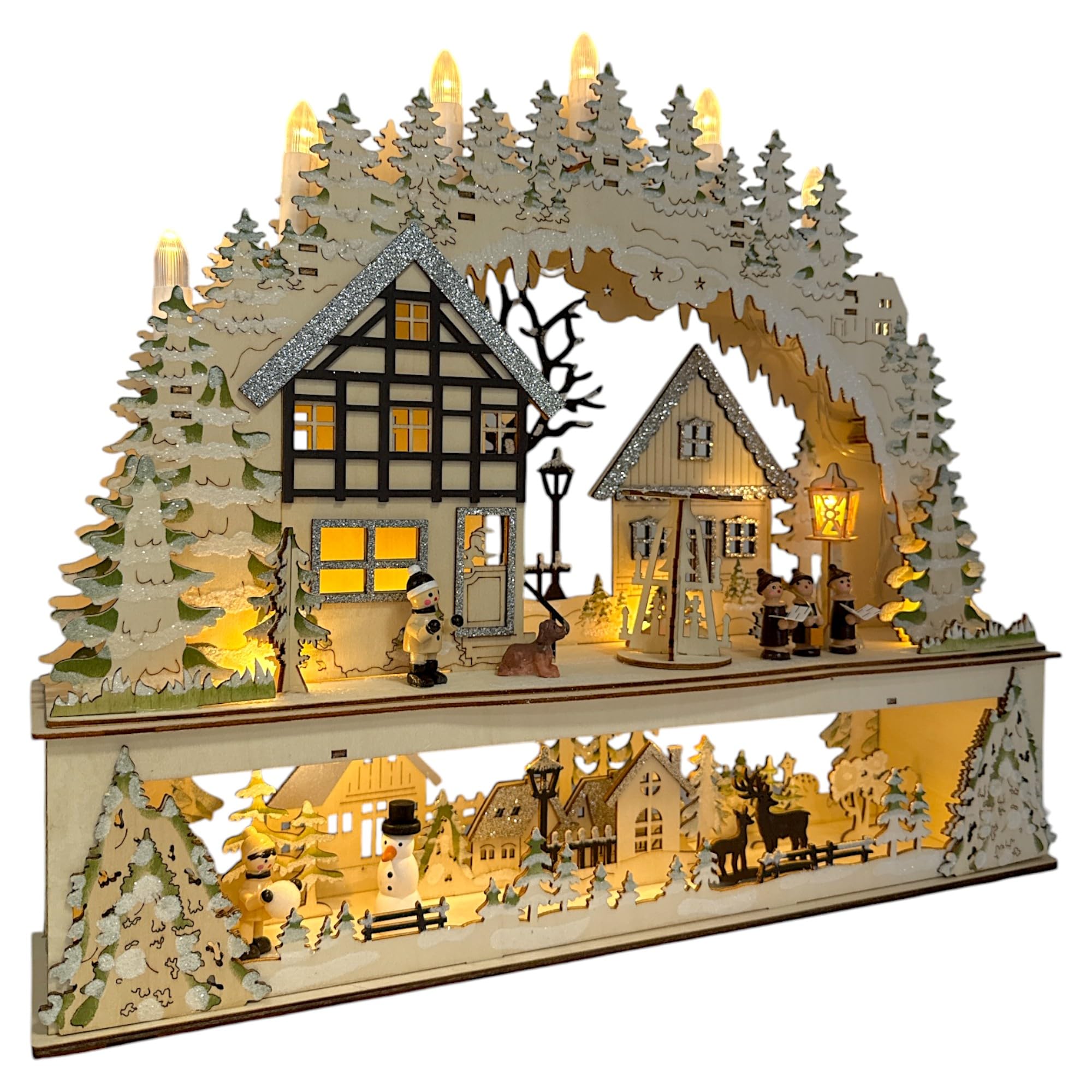 Wichtelstube-Kollektion LED Schwibbogen Fachwerkhaus Kurrenden vor Weihnachtspyramide Lichterbogen Weihnachten Schwippbogen mit Podest Holz Weihnachtsdeko