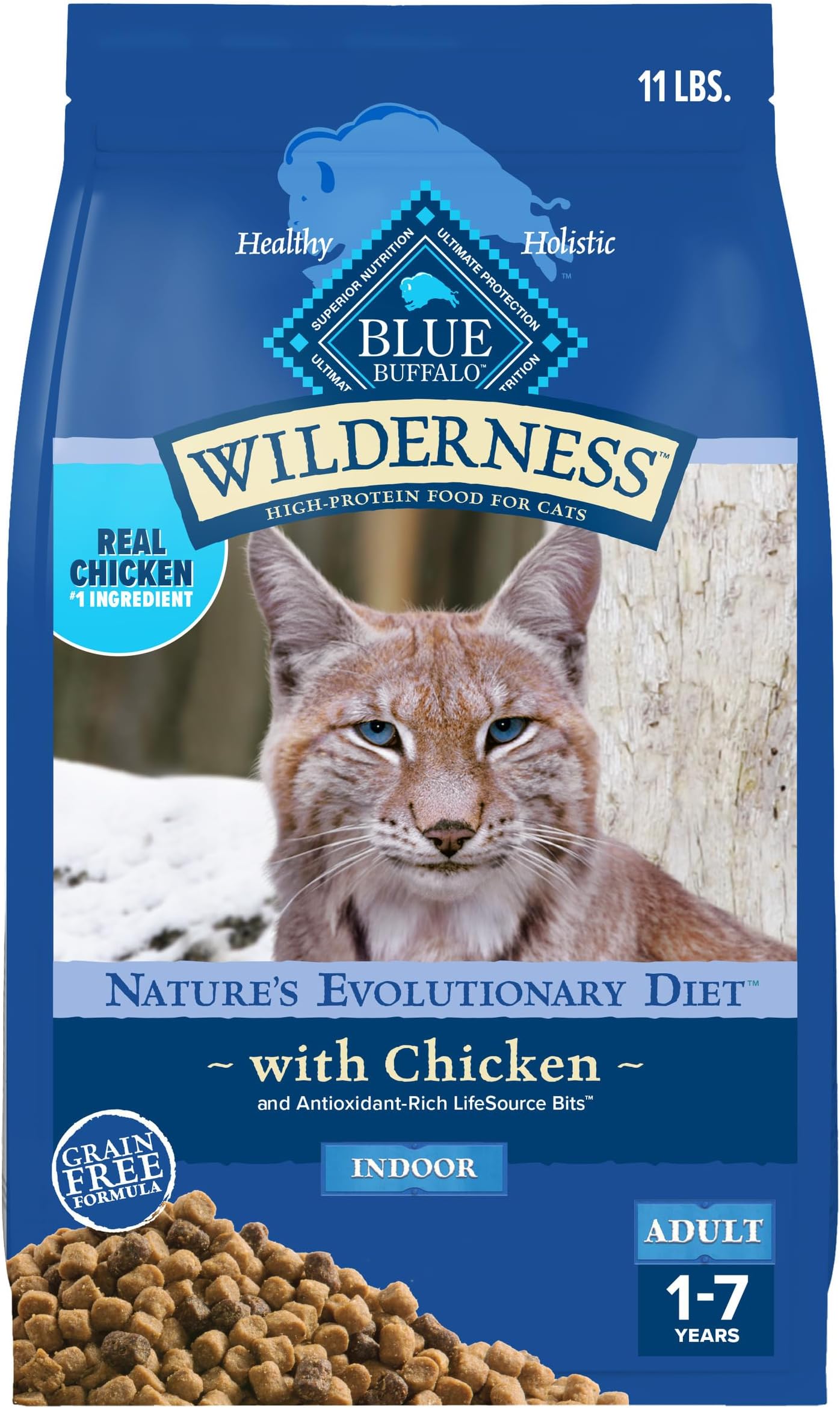 - Blue Buffalo Wilderness Nature's Evolutionary Diet High-Protein, Grain-Free Natural Dry Food for Adult Cats, Chicken, 11-lb. Bag