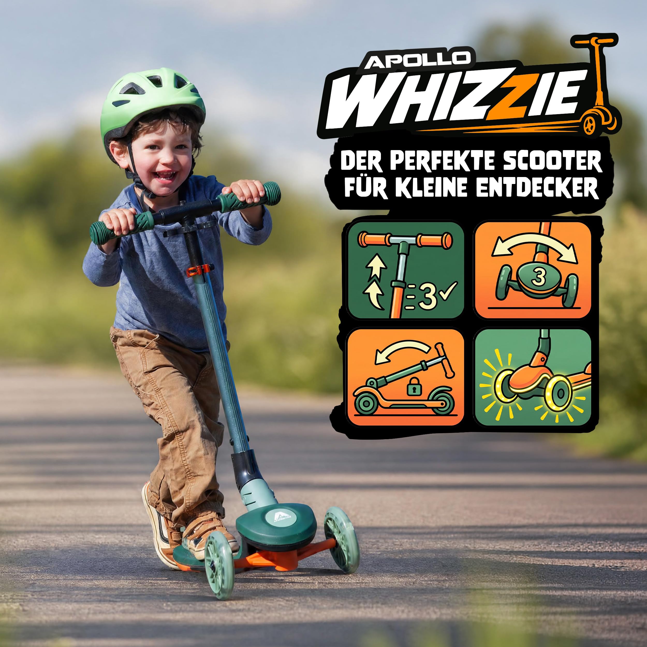 Apollo Whizzie LED Kinderroller, klappbarer Kinder Scooter, höhenverstellbarer Dreiradscooter für Kinder ab 3 Jahre, LED-Effekt in Rollen, Lenker und Deck, 3-Rad Roller im coolen Design