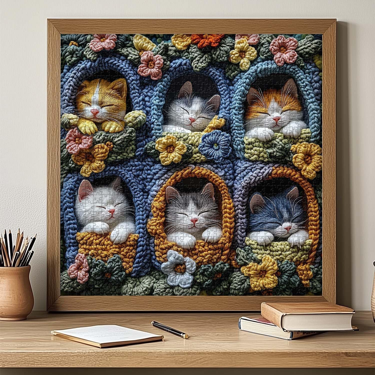 Cat Puzzles for Adults 1000 Pieces, PICKFORU Cute Kitten Puzzle Wildflowers Embroidery, Difficult Animal Flower Art Theme as Wall Decor
