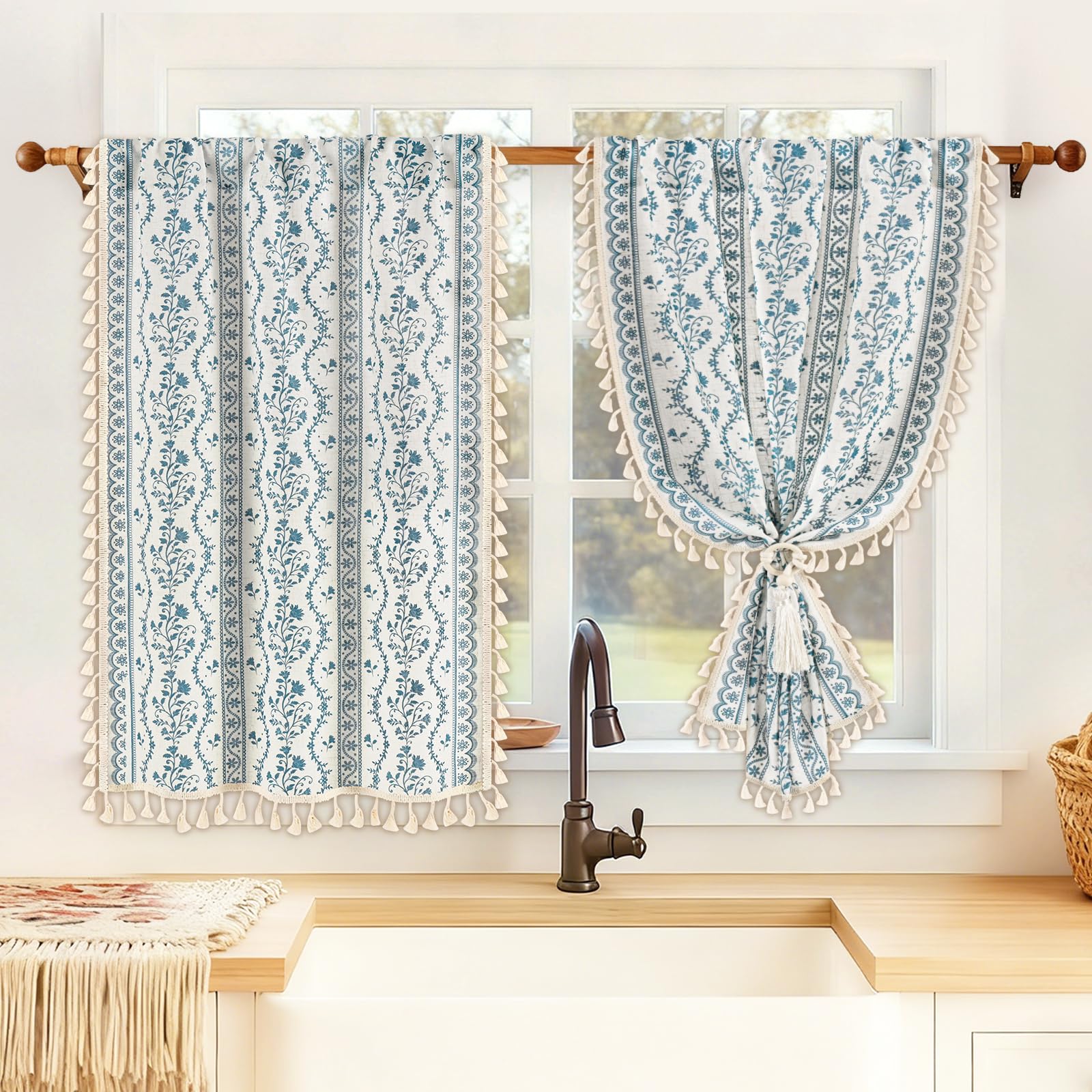 Yinhua Boho Kitchen Curtains 36 Inch Length Vintage Linen Cafe Curtains Light Filtering Bohemian Floral Tier Rod Pocket Farmhouse Rustic Tassel Small Drapes with Tiebacks, 2 Panels, White Blue