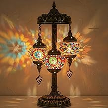 Baquler Turkish Lamp 3 Globes Moroccan Table Lamp with Bronze Base Handmade Colorful Moroccan Bohemian Glass Night Light for Living Room Bedroom Decor