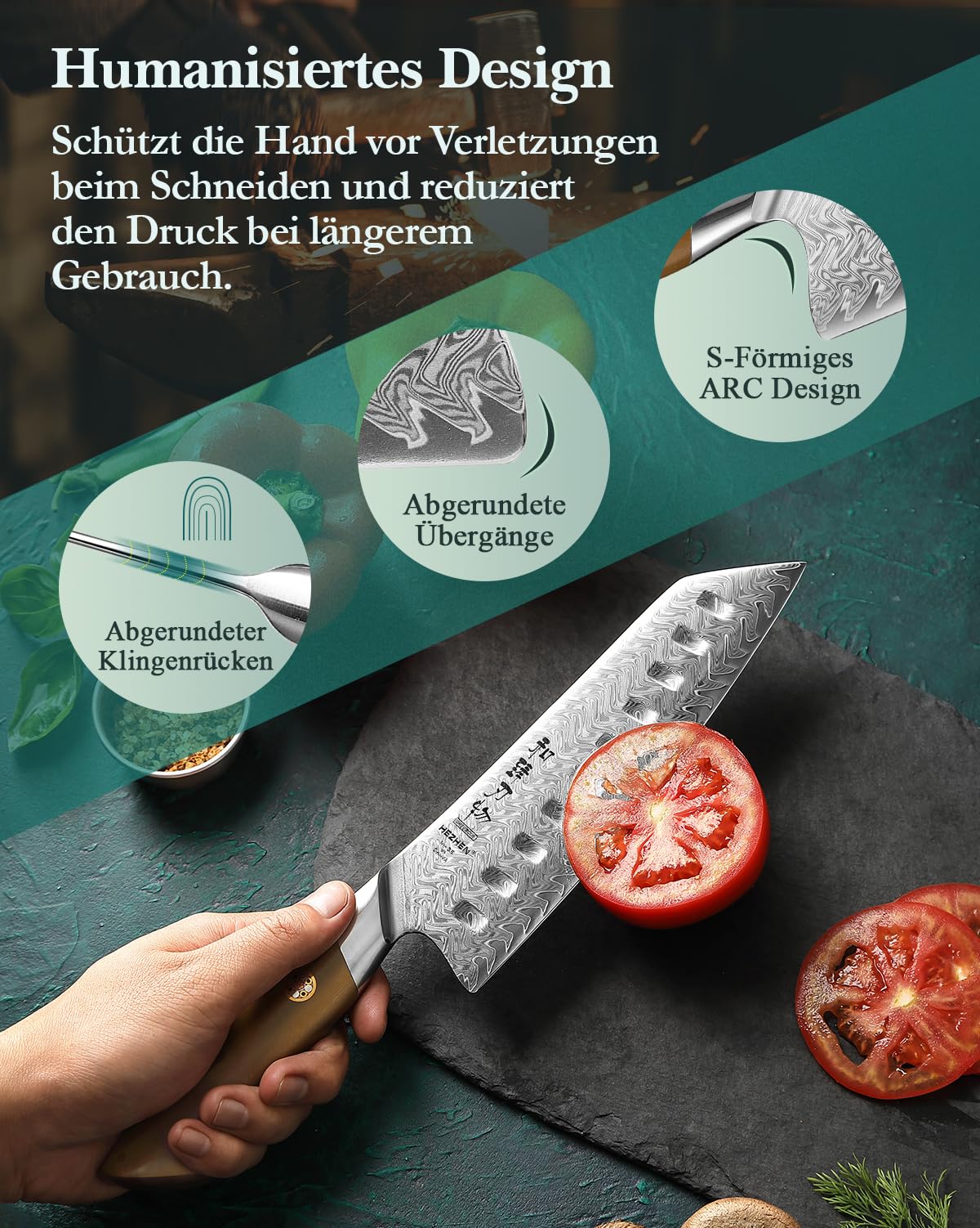 HEZHEN Santokumesser Damast,Japanischer Stil Kochmesser,Ultra-Scharfes Allzweck-Gyutomesser, Komfortabler Full Tang Griff