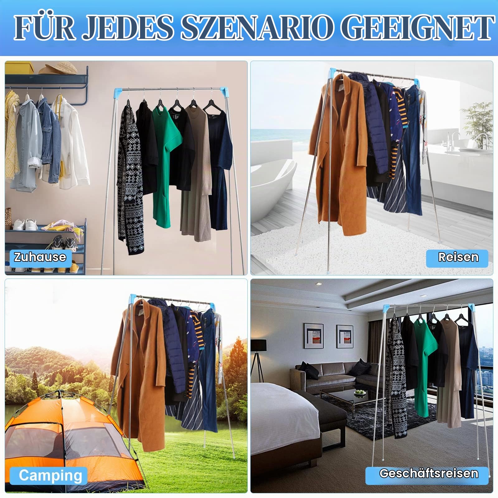 Roadtime Tragbarer Reise Kleiderständer 13-28 Zoll Einziehbarer | Wäscheständer, Zusammenklappbarer Bodenständer, Kleiderstänge, für die Wäsche zu Hause, Camping, Reisen im Freien