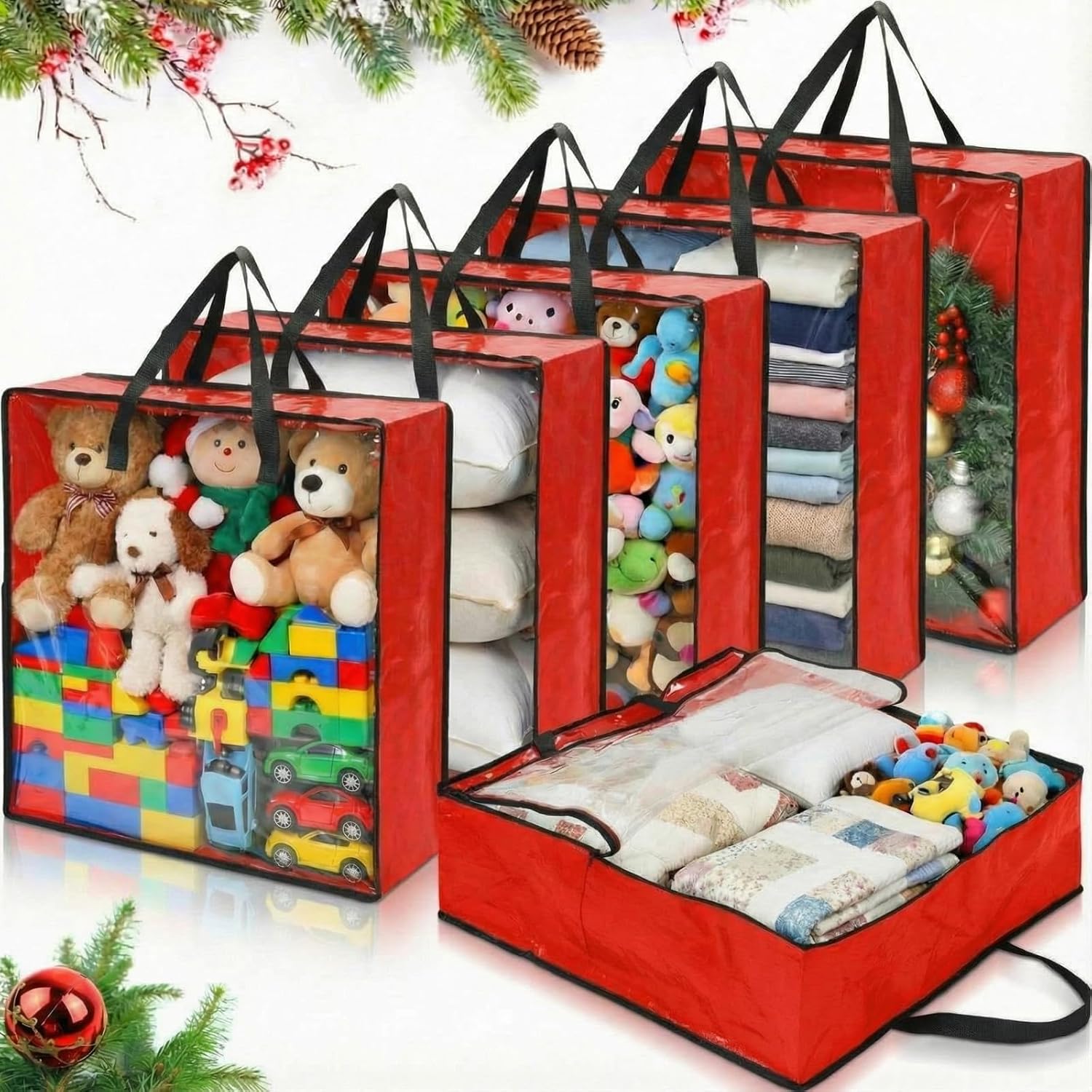 6 Pcs Christmas Wreath Storage Container 26 x 26 x 8.7 Inch Bags, Red