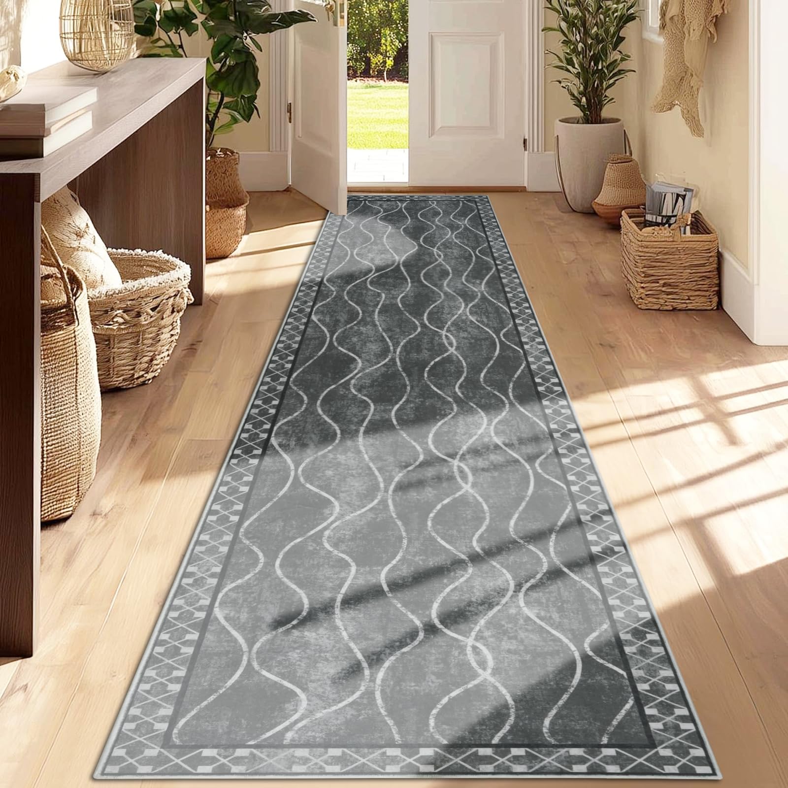 Famibay Teppich Läufer Flur 80x300 Teppich Küche Läufer rutschfest Teppichläufer Flur Waschbar Grau Flurteppich Läufer Lang für Küche Schlafzimmer Wohnzimmer Korridor