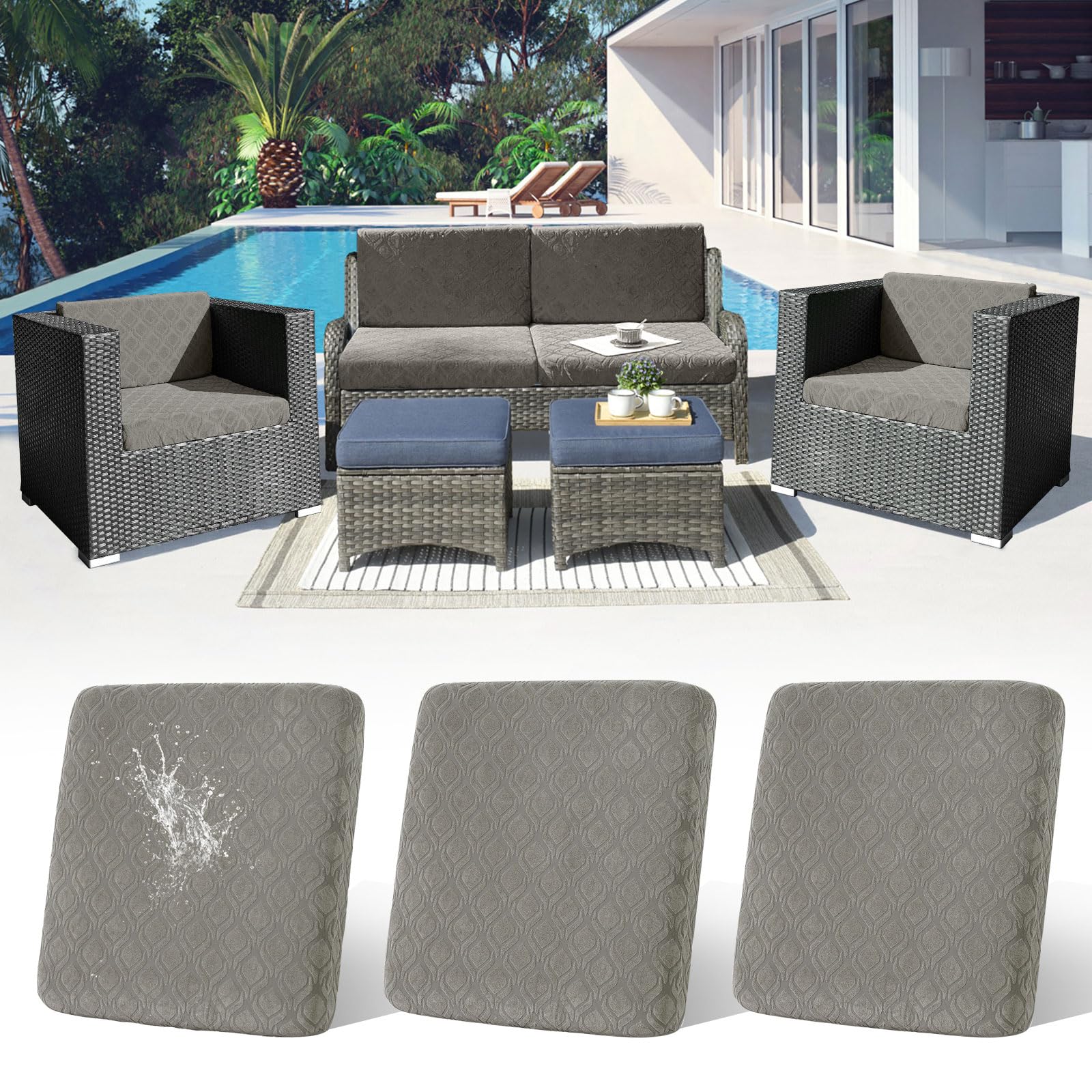 LiveGo Patio Stretch Sofa Cushion Cover Outdoor Cushion Cover Replacement Patio Furniture Cushions Couch Slipcovers Chair Seat Cover Soft Flexibility Protector (3, Light gray) — image 1