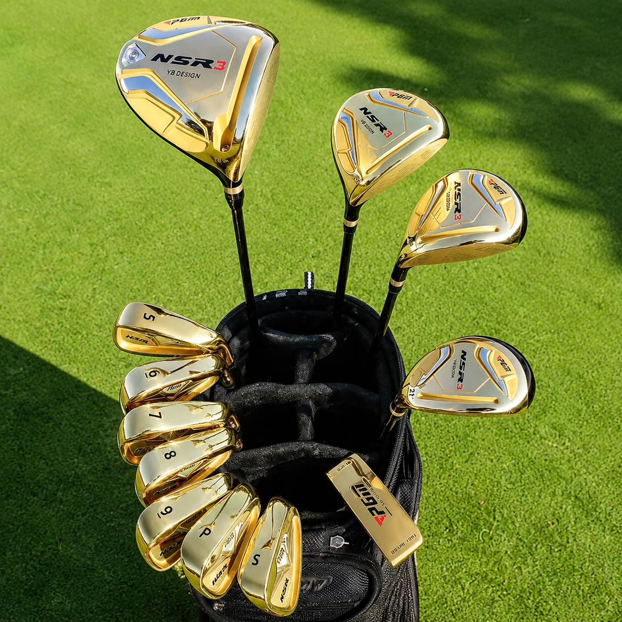 Set mazze da golf per uomo in metallo e fibra di carbonio, con sacca telescopica, metal, Terza generazione, oro, asta in carbonio di classe S