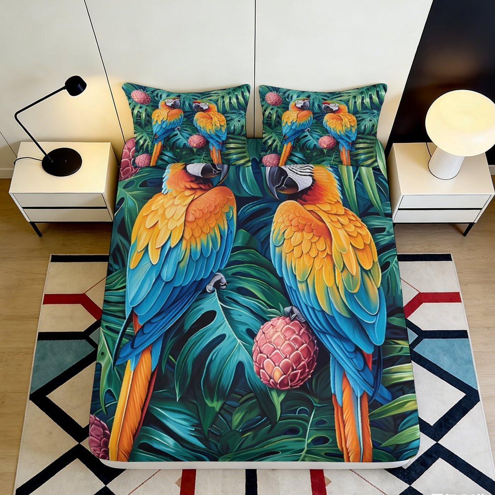 3D Printed Tropical Parrot Fitted Sheet Microfiber Soft Vibrant Rainforest Bed Cover for Bedroom Decor Protection 90x200x25cm