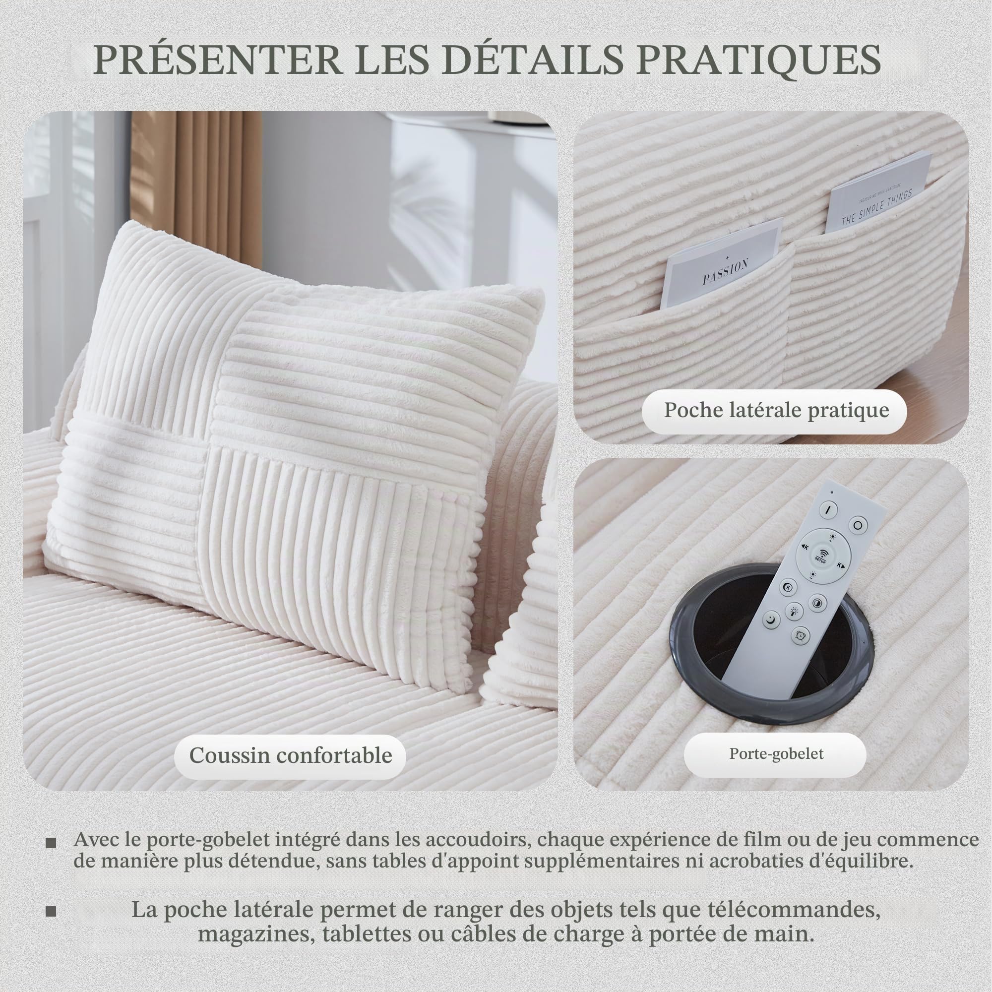 Yihomfy Canapé Modulaire en Velours Corde, Canapé d'angle en Forme de U, avec 2 Tabourets, Configuration Libre, avec Porte-Gobelet et Poches Latérales, Canapé pour Salon (Beige, 4 Sièges+2 Tabouret)