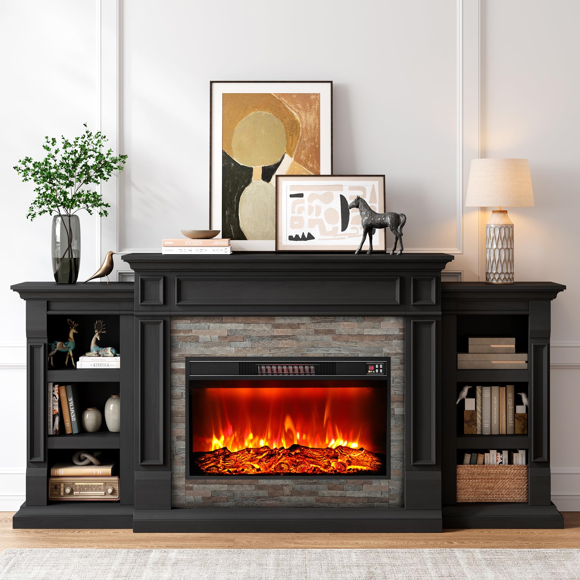 80" Fireplace TV Stand w/ 8 Colors-Changing Fireplace, Electric Fireplace with Mantel for TVs Up to 90 Inch, Modern Black Entertainment Center with Storage, 3D Flame Effect for Living Room, Bedroom