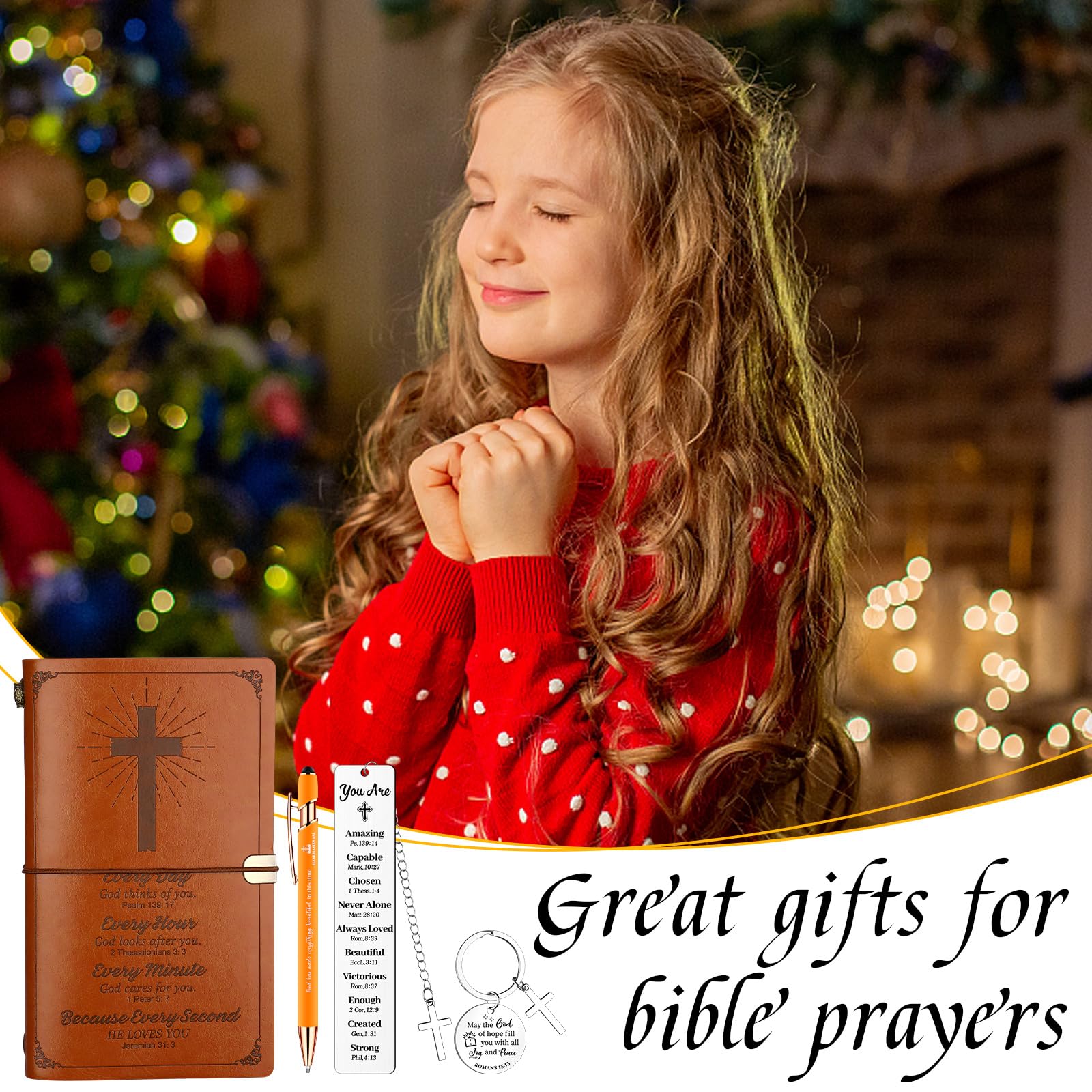 HAOWANWW 4 Pcs Christian Gift Christian Notebook Refillable Leather Journal Notebook with Ballpoint Pen Bible Verse Bookmarks Keychain Inspirational Christian Gifts for Him Her Christmas Graduation - Image 4