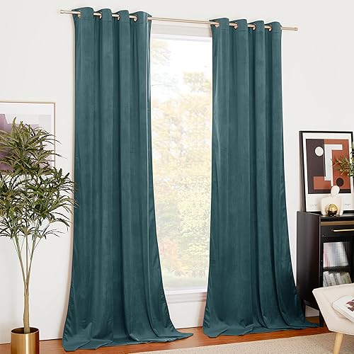 NICETOWN Blackout Velvet Curtains Greyish Blue 84 inches Long for Living Room, Thermal Insulated Drapes for Bedroom, Window Treatment Grommet Home Decor, 2 Panels